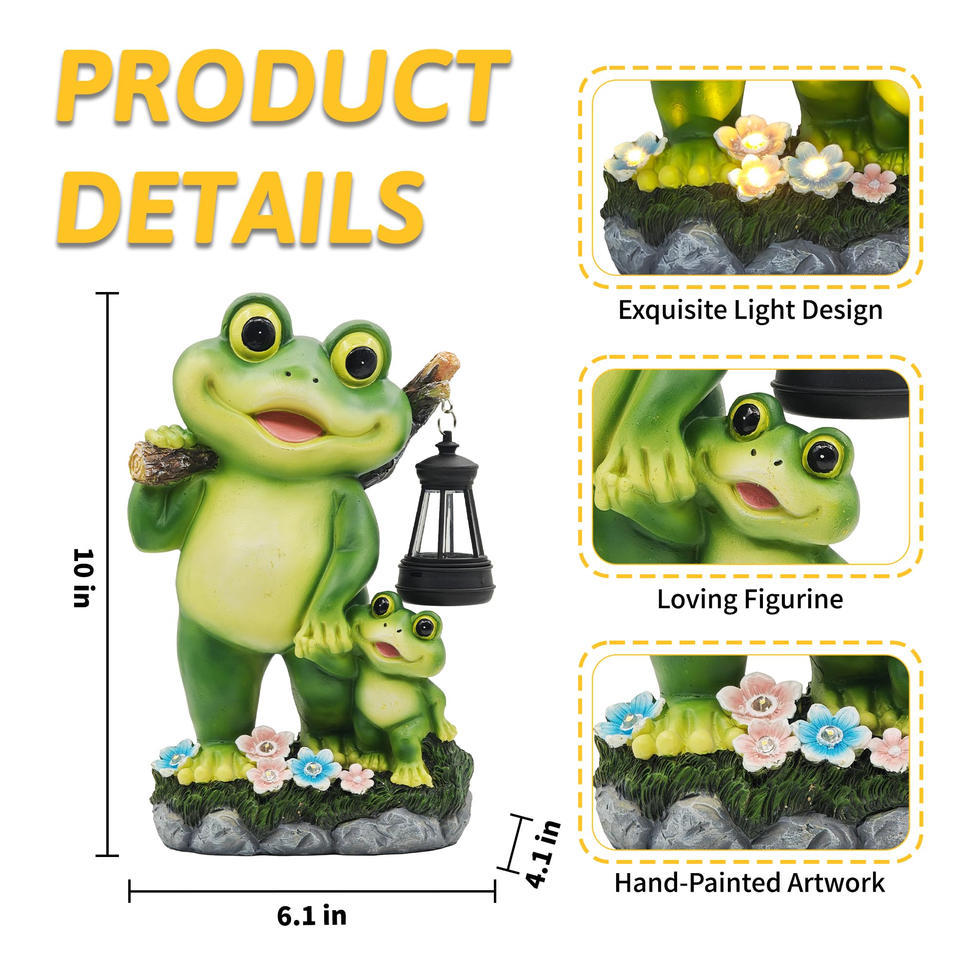 CFFOWNUG Outdoor Frog Garden Decor - 10in Solar LED Lantern Statue, Resin, Frog Color, Model CF-FLOG002