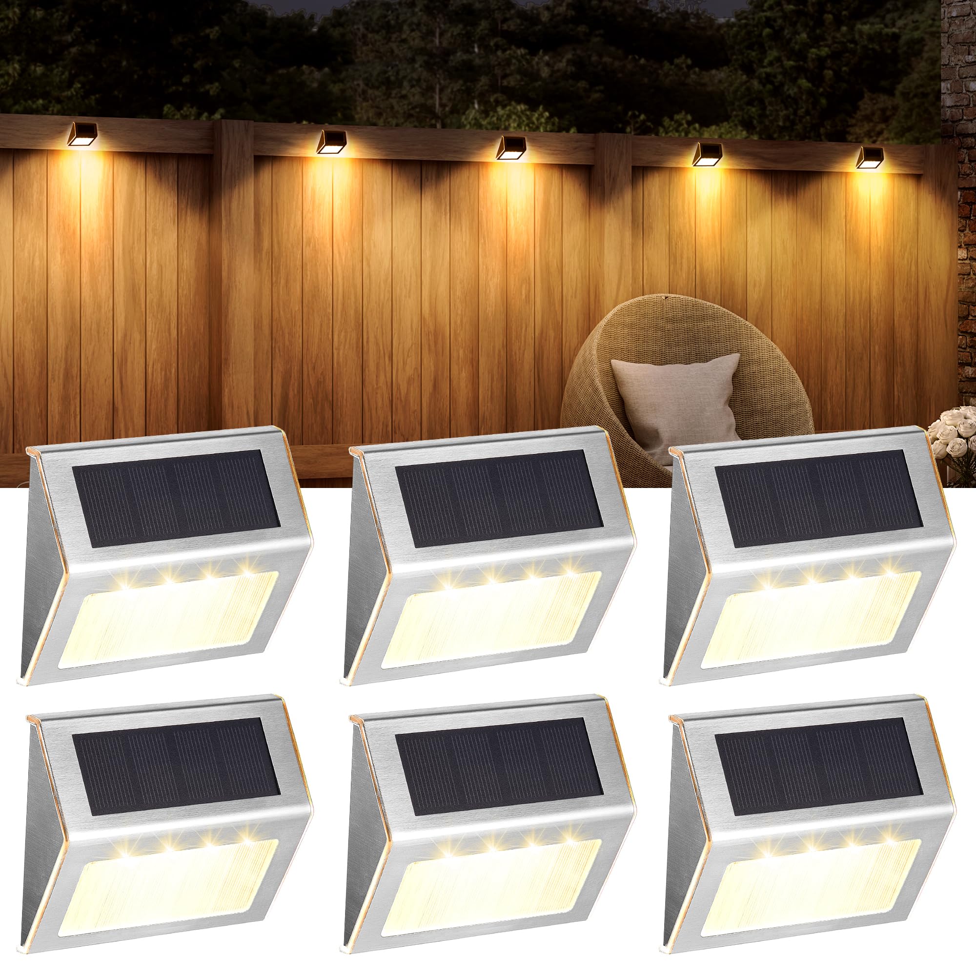 SOLPEX Solar Step Lights, 6 Pack Solar Stair Lights, Outdoor Fence Lighting, Solar Powered Deck Lights Waterproof 4 LEDs for Sta