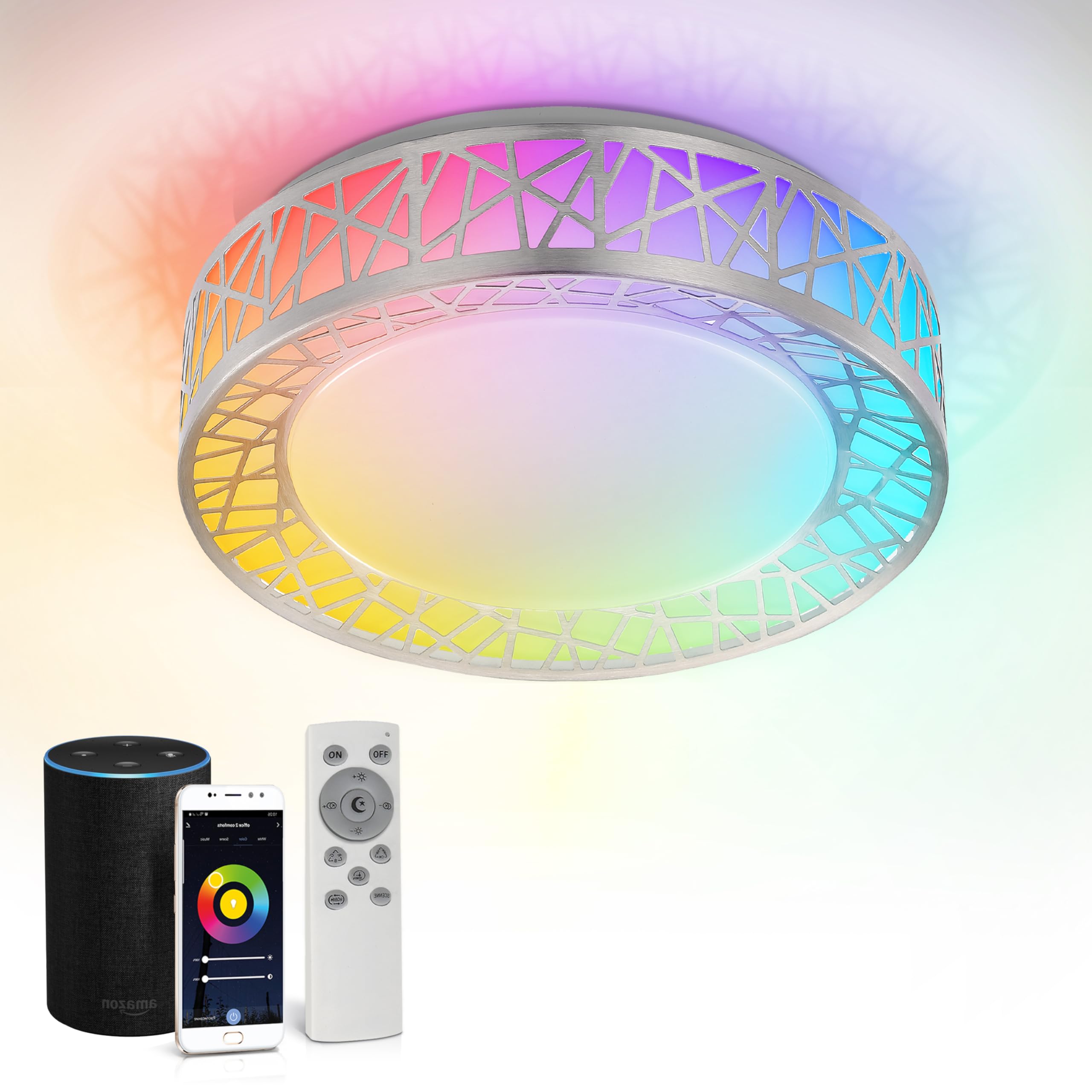 ASD Smart RGBW Flush Mount Ceiling Light, 20W, Dimmable, 12in, Brushed Nickel, WiFi Control, Model A-LFM12D20SRGBW-N