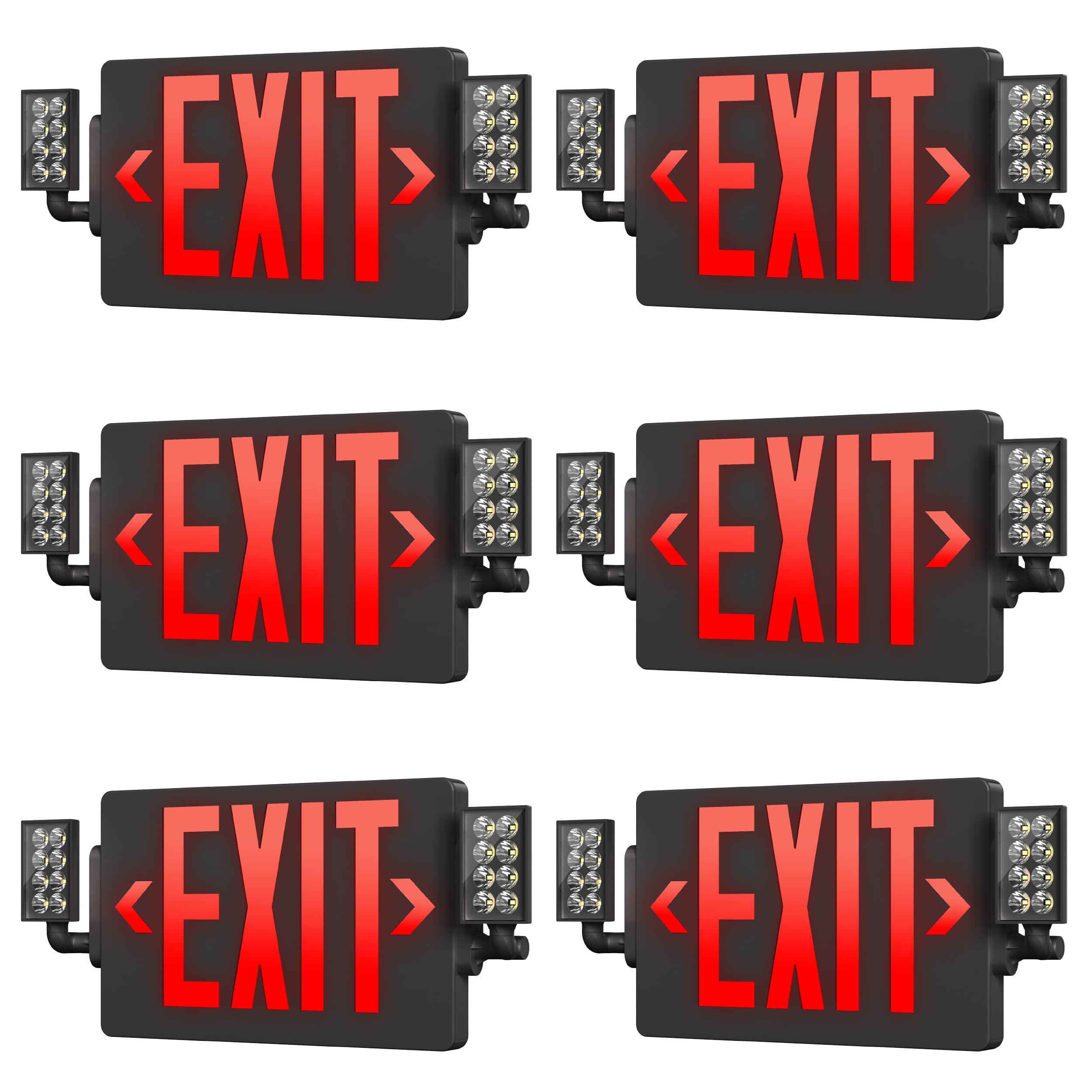 Sunco Lighting Exit Signs with Emergency Lights, 6 Pack, Adjustable LED, Black, Model EX_2H-BLACK-6PK, Fire Resistant, Wall/Ceiling Mount