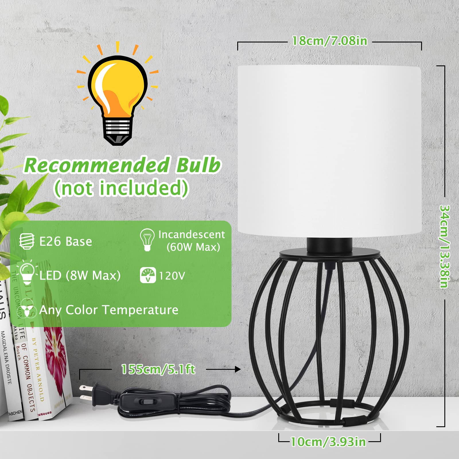 Brightever Set of 2 Table Lamps for Bedroom, Modern Bedside Nightstand Lamps with White Fabric Shade and Black Metal Base, Small