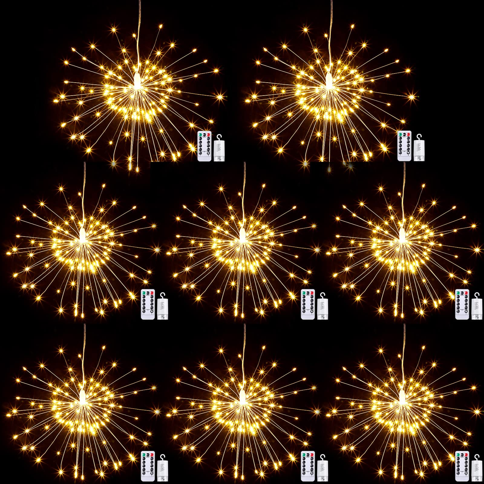 Tuanse 8 Pack Starburst Lights, LED Firework Fairy Lights Outdoor Hanging Battery Operated with Remote Control 120 LED 8 Modes f