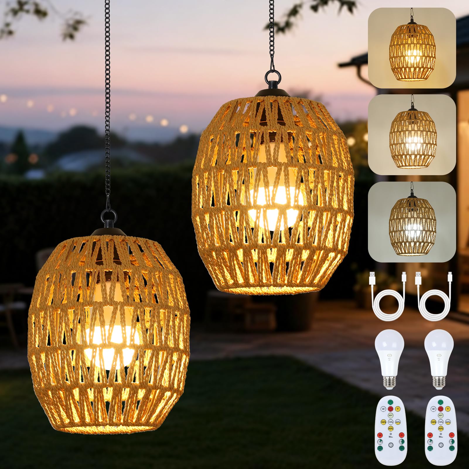 2-Pack Battery Operated Outdoor Chandelier For Gazebo, Boho Rechargeable Chandelier For Porch With Remote, Battery Powered Penda