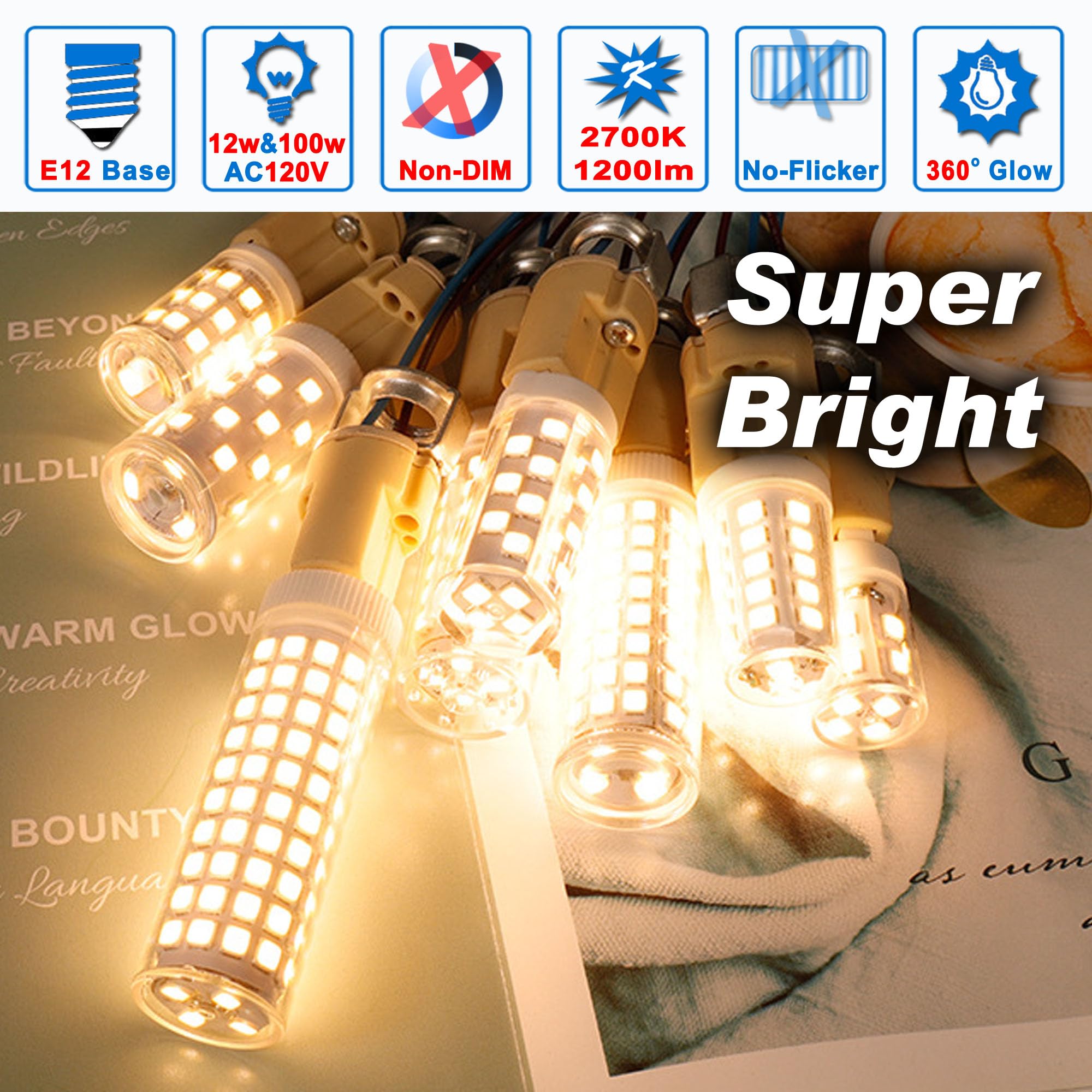 Ziomitus E12 100 Watt Led Candelabra Bulbs Equivalent C7,2700K Warm White,1200 Lm T6 E12 12W Led Candle Bulbs For Ceiling Fan Ch