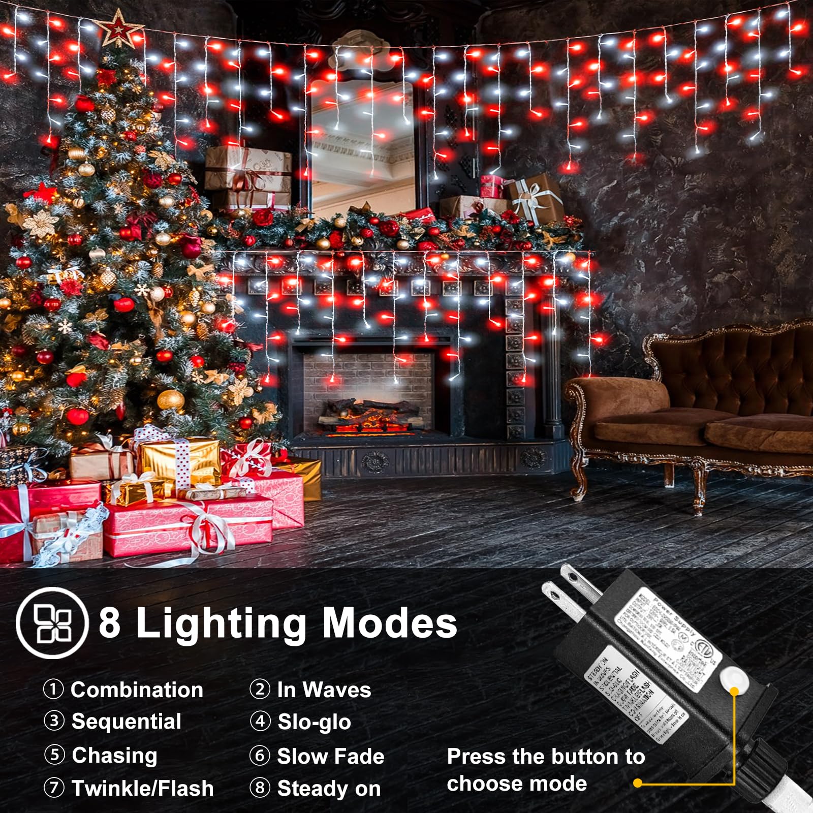 99Ft Red And White Christmas Lights  1216 Led Icicle Lights For Outside  Clear Wire Twinkle Light With 8 Modes Timer Waterproof For House Window Party Tree Holiday Patio Yard Home Decoration