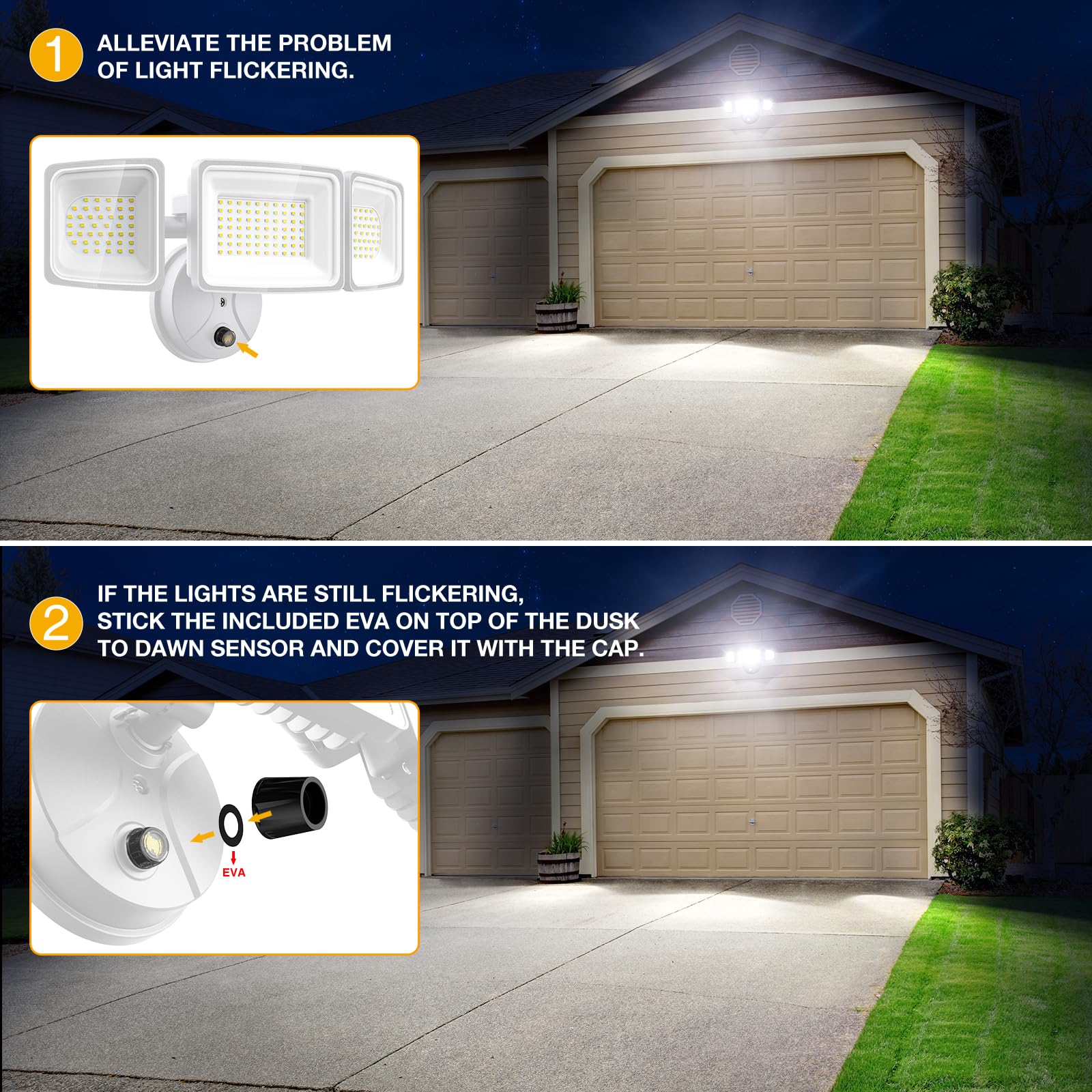 Onforu 100W Dusk to Dawn Flood Lights, 9000LM, IP65 Waterproof, 3 Adjustable Heads, 6500K White, Ideal for Garage, Patio, Yard