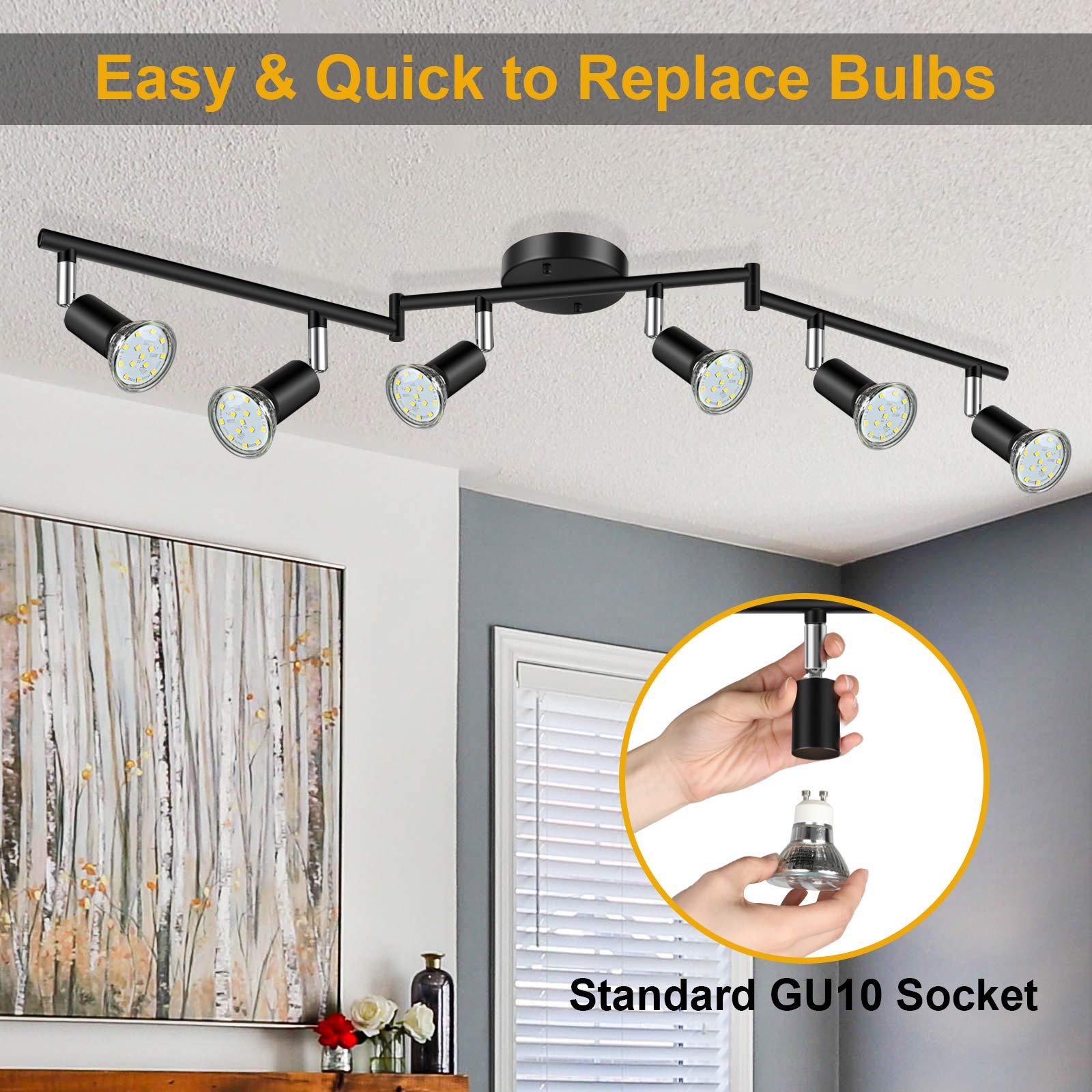 Ascher 6-Light Led Track Lighting Kit, Flexibly Rotatable Light Heads, 6 Way Ceiling Spotlight Black Finish, Including 6 Gu10 Le