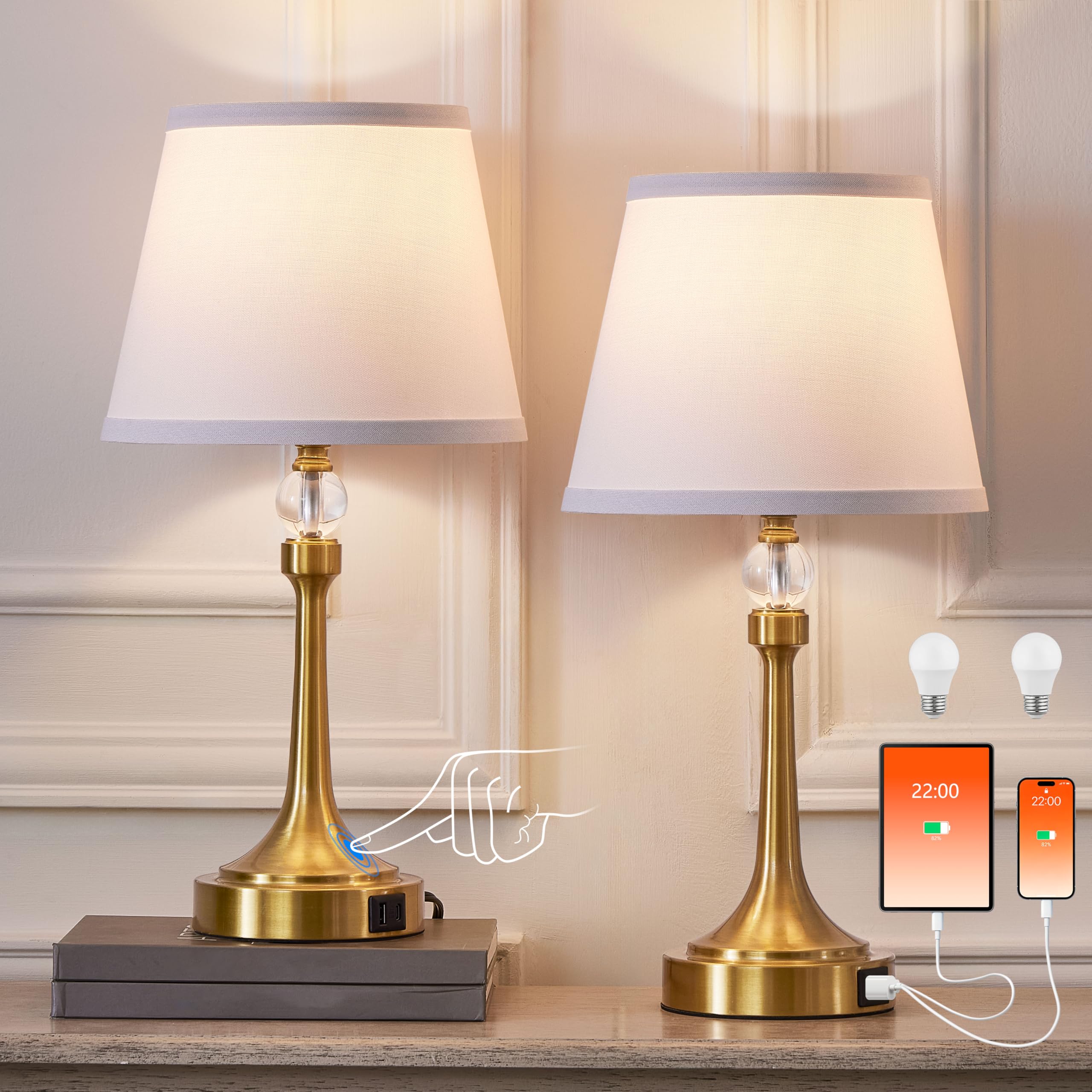 Leasgy 19.7 Touch Table Lamps for Living Room  Small Lamp for Bedroom with USB C+A Ports  Dimmable Touch Lamps Set of 2  Reading Desk Lamp for Office  Metal Bedside Lamps  Bulbs Included  Gold