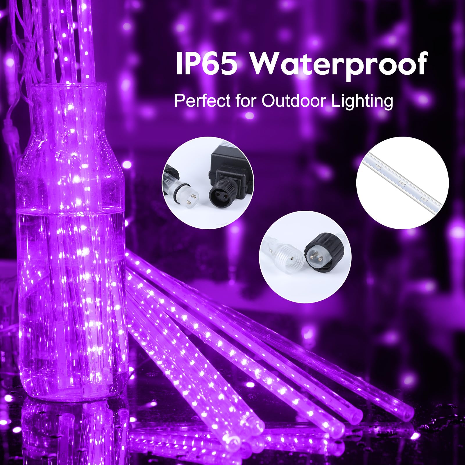 Brightown Meteor Shower Lights Outdoor 360 LED Icicle Light 10 Tube 16 Inch Purple for Holiday Xmas Decoration