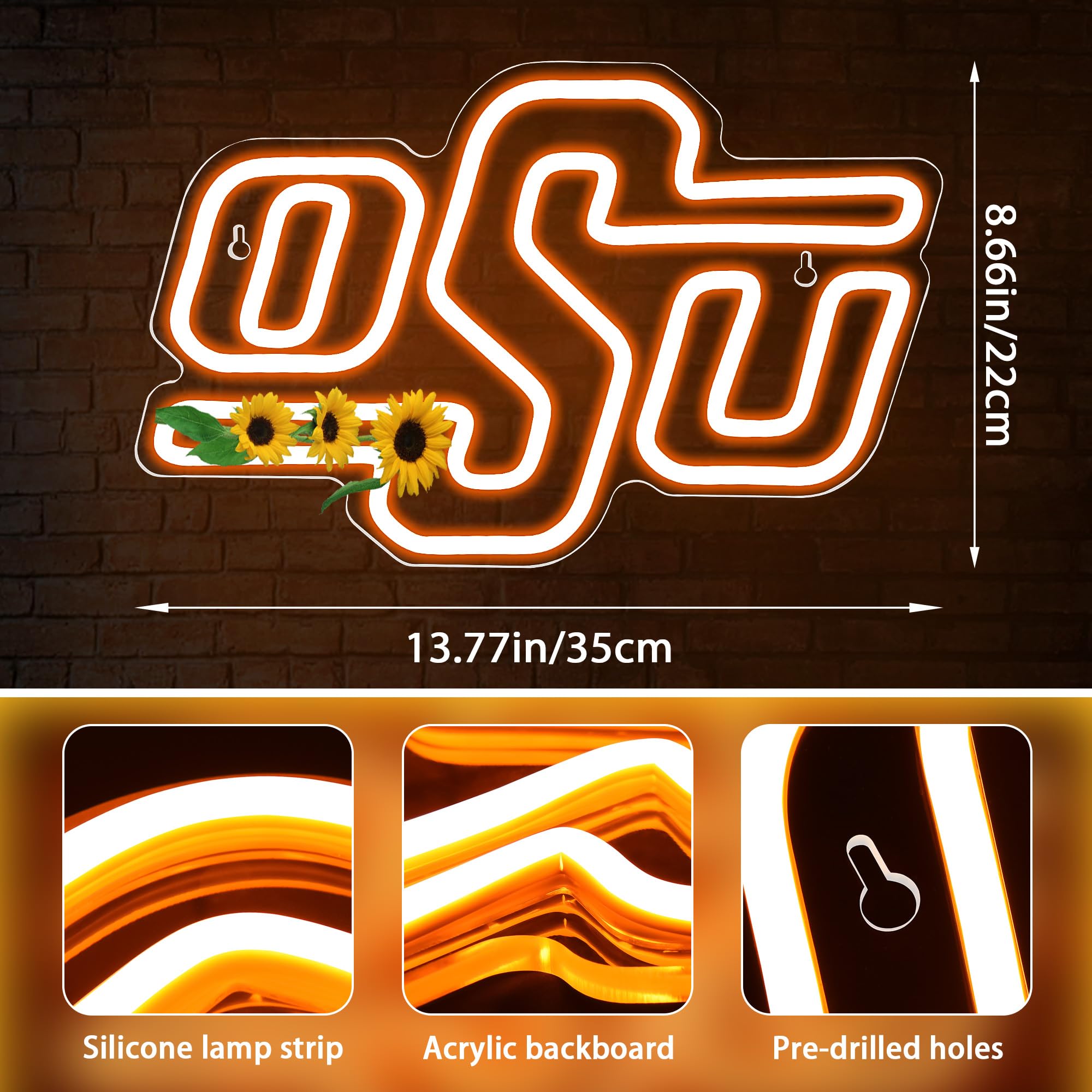 LALAON University Neon Sign LED Wall Decor for College Team, 13.8x8.7in, Orange OSU, Model ZKXD10009, USB Powered