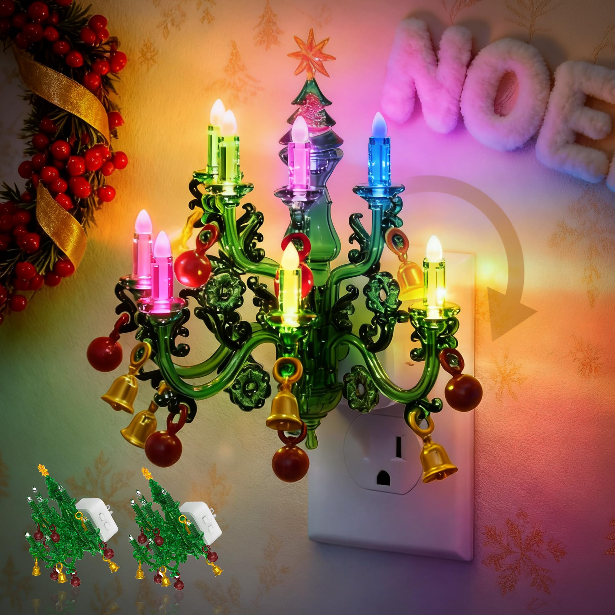 JandCase Night Lights Plug into Wall, 2 Pack Christmas RGB Pendant Night Light with Flame Effect,10 Color Changing Nightlight wi