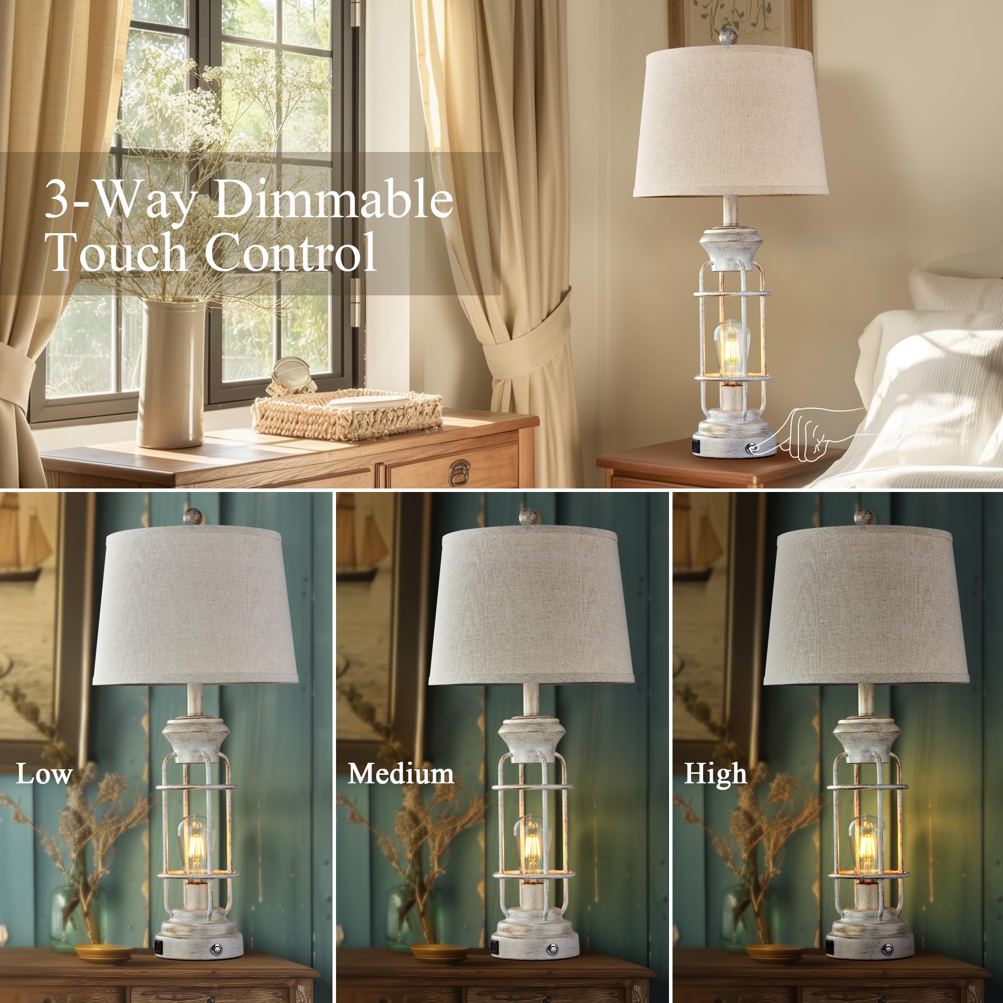 Reaketon 29.3'' Farmhouse Table Lamp Set Of 2 With Usb Charging Ports, Tall Table Lamp For Living Room,3-Way Dimmable Lamps For