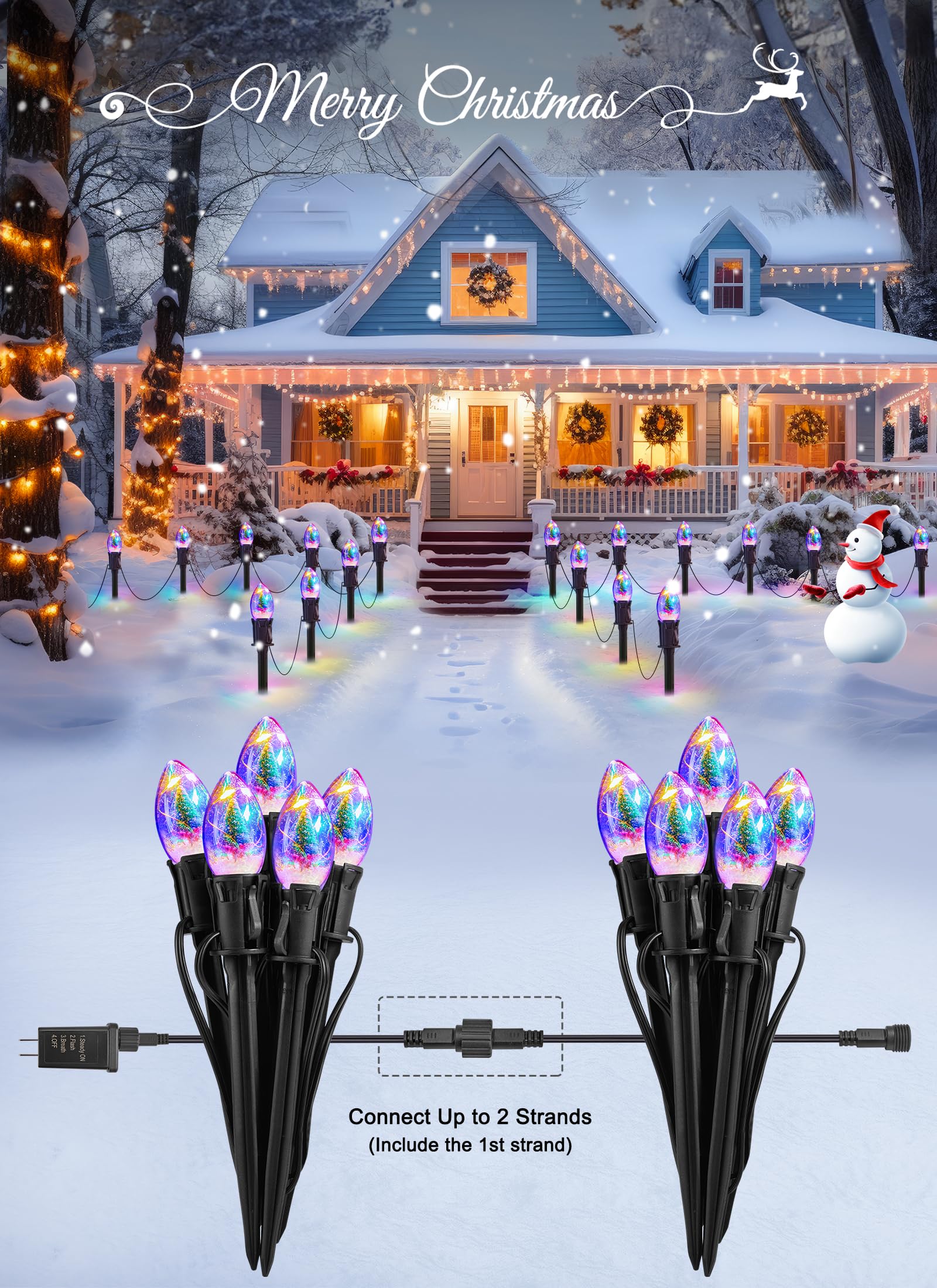 C9 Christmas Pathway Lights Outdoor, 45Ft 40 Led Christmas String Lights With Stakes, 4 Light Modes, Waterproof Connectable Chri
