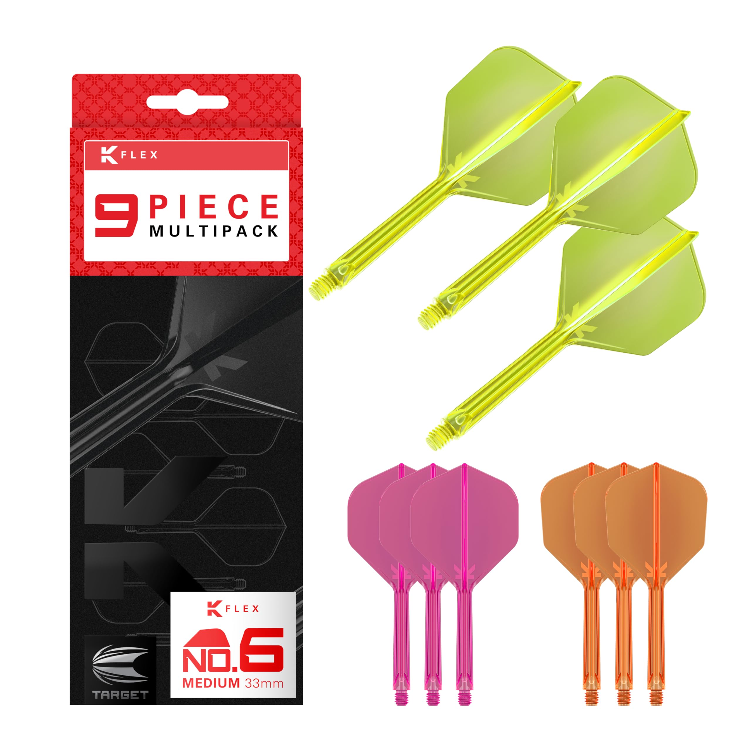 Target Darts K-Flex Dart Flights and Shafts, Medium Stem (33mm), Neon Pink, Orange & Yellow, 9-Pack Bundle