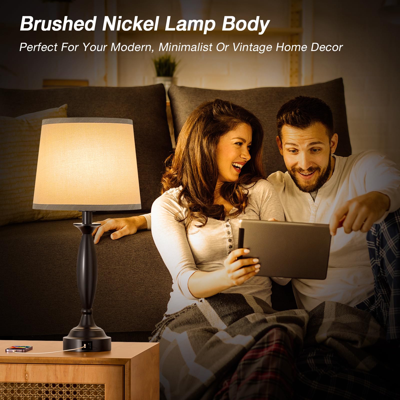 Grey Lamps For Bedrooms Set Of 2 - Touch Control Bedside Lamp With Usb C+A, 3 Way Dimmable Nightstand Lamps With Usb Port, Table