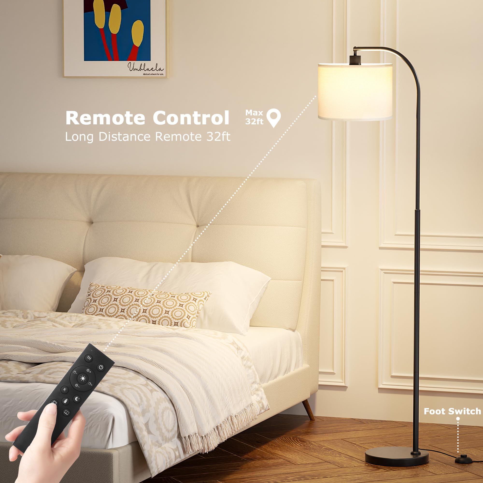 Ambimall Arc Floor Lamp, Remote & Stepless Dimmable, 63 inches, White Shade & Black Pole, Model RPT-QZB40403