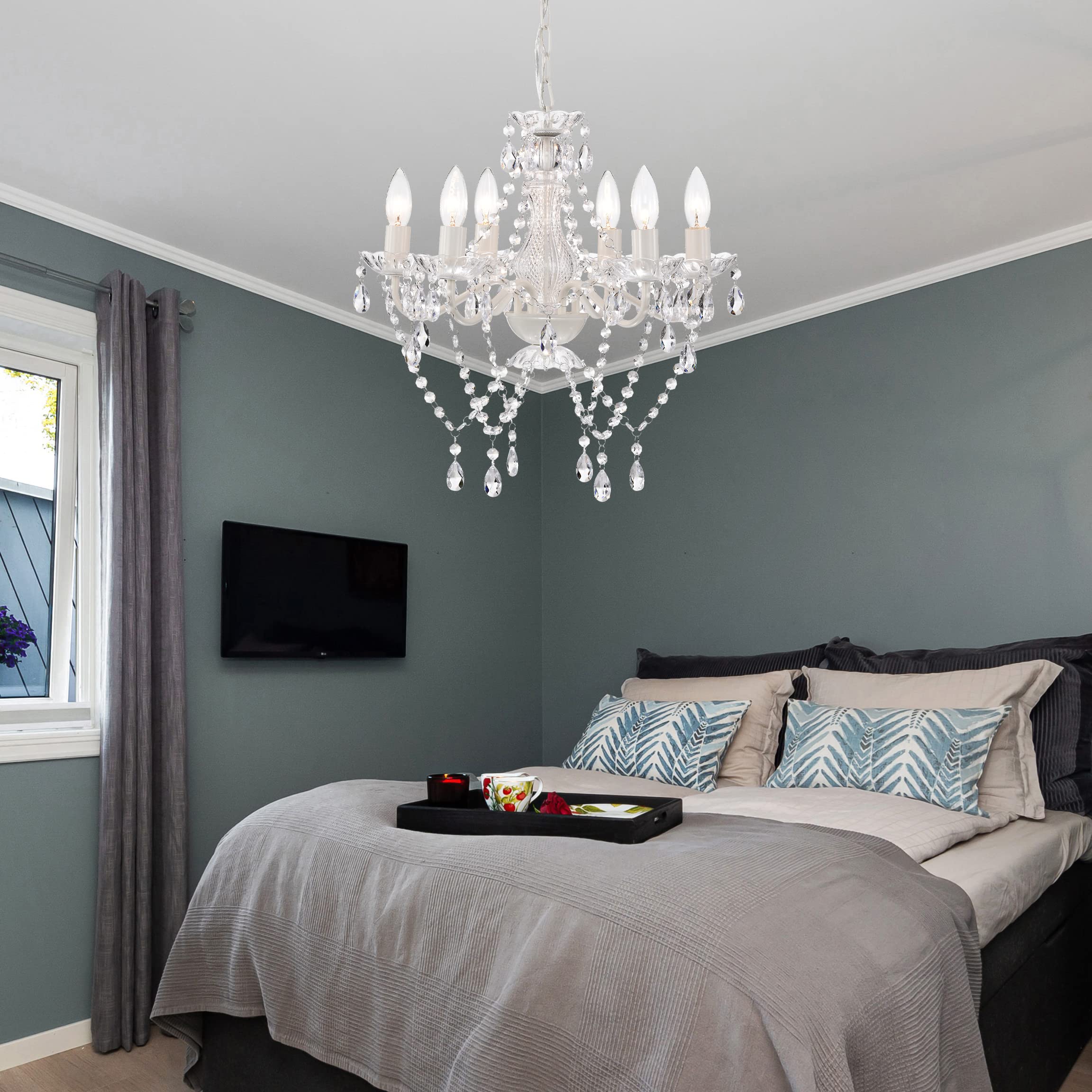 Mr.Color White Chandeliers Crystal Chandelier Lighting Fixture 6-Light Candle Chandelier For Bedroom
