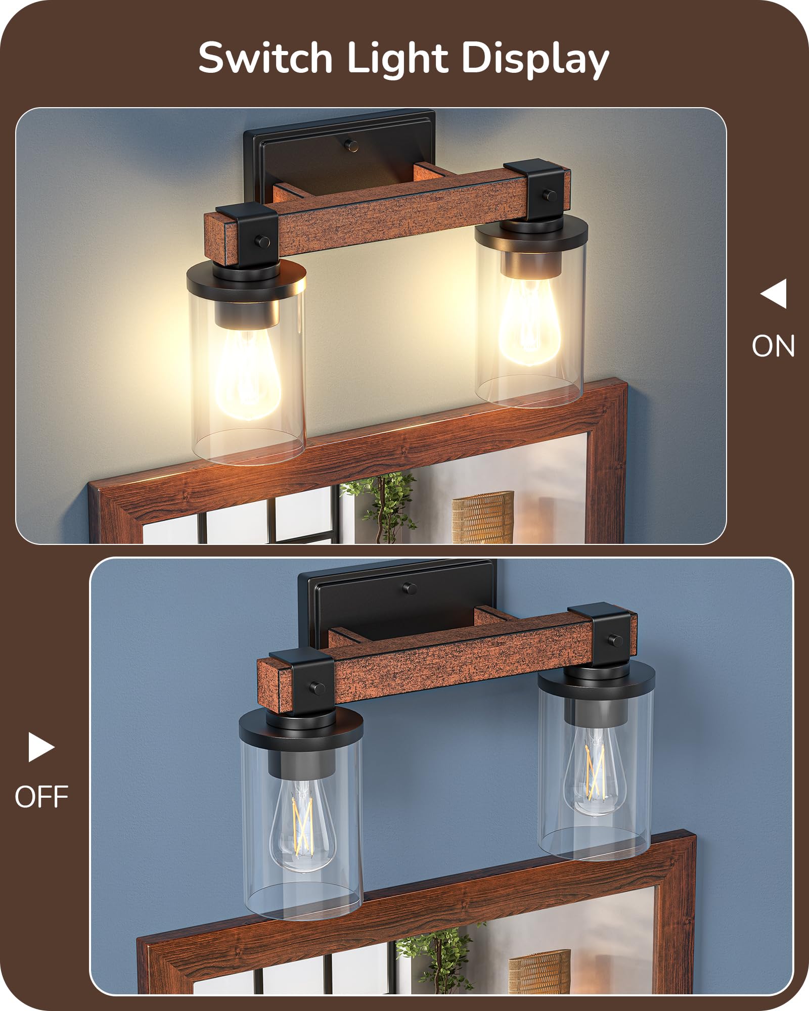 EDISHINE 2-Light Bathroom Vanity Light Fixtures, Dark Wood, Metal, Model HHVL02F, Clear Glass Shade, Ideal for Mirror and Powder Room