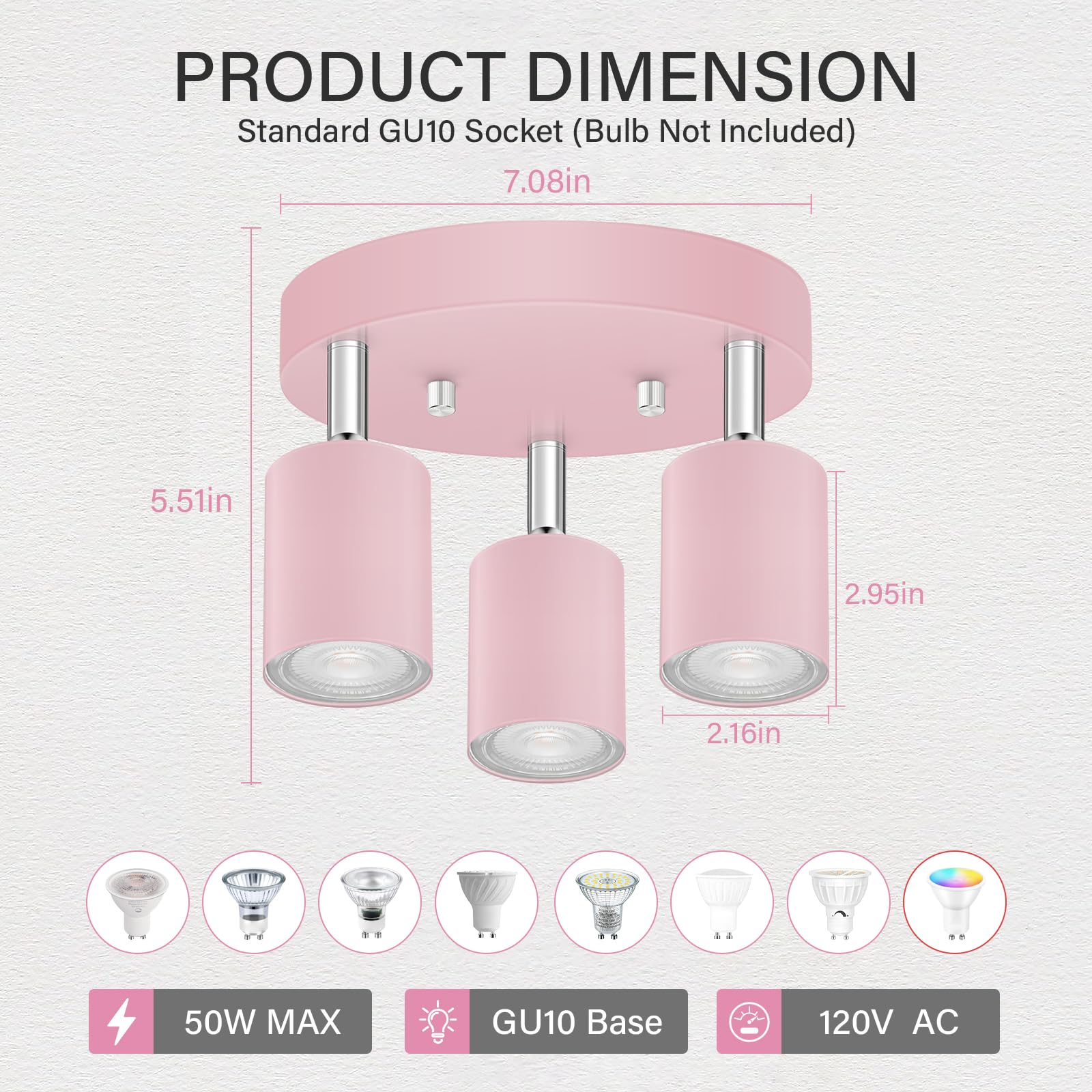 Bricosmocon 3 Light Track Lighting Fixtures Ceiling  Pink Round Directional Spotlight Fixtures  Gu10 Flush Mount Ceiling Fixture  Adjustable Modern Led Track Light For GirlS Room  Bulb Not Included