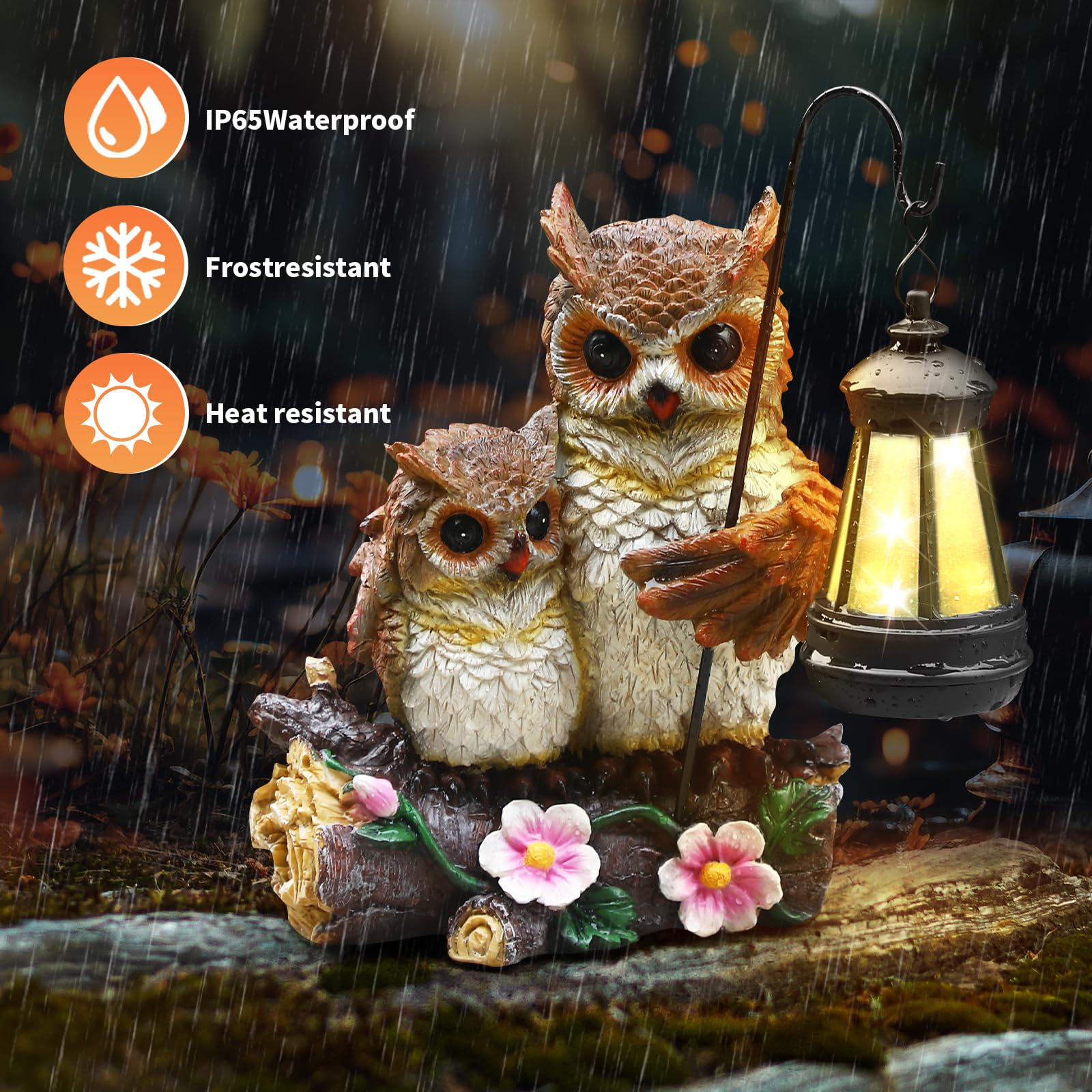 Json Garden Owls Statue - Solar LED Lantern, Small Resin Figurine, OWL Color, Model JS-002, Perfect for Mother's Day Outdoor Decor
