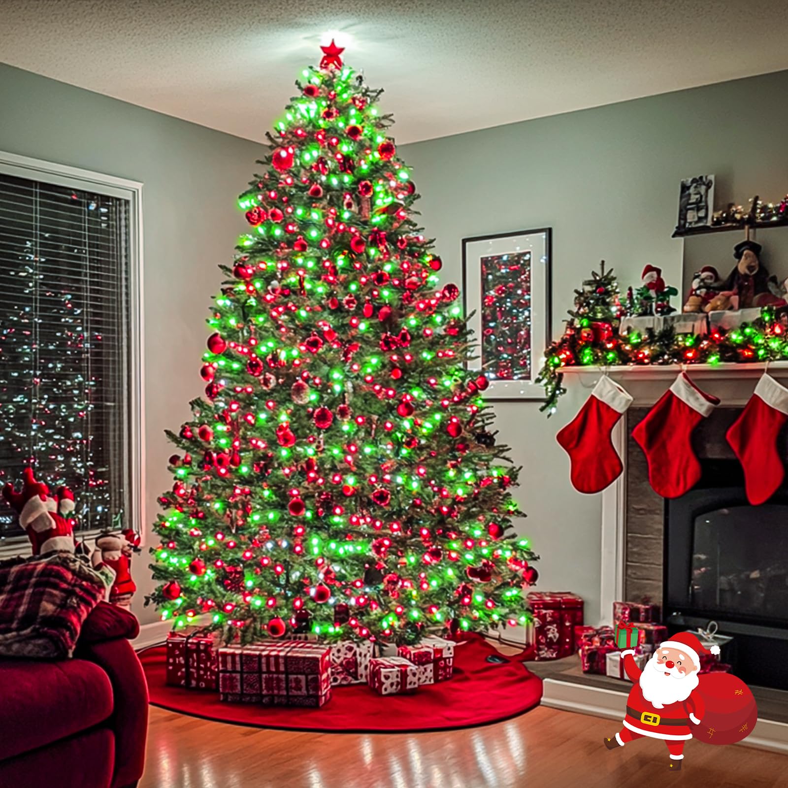 Jmexsuss 500 Led Red And Green Christmas Lights, 8 Modes 163Ft String Lights Plug In With Remote Control, Clear Wire Christmas S