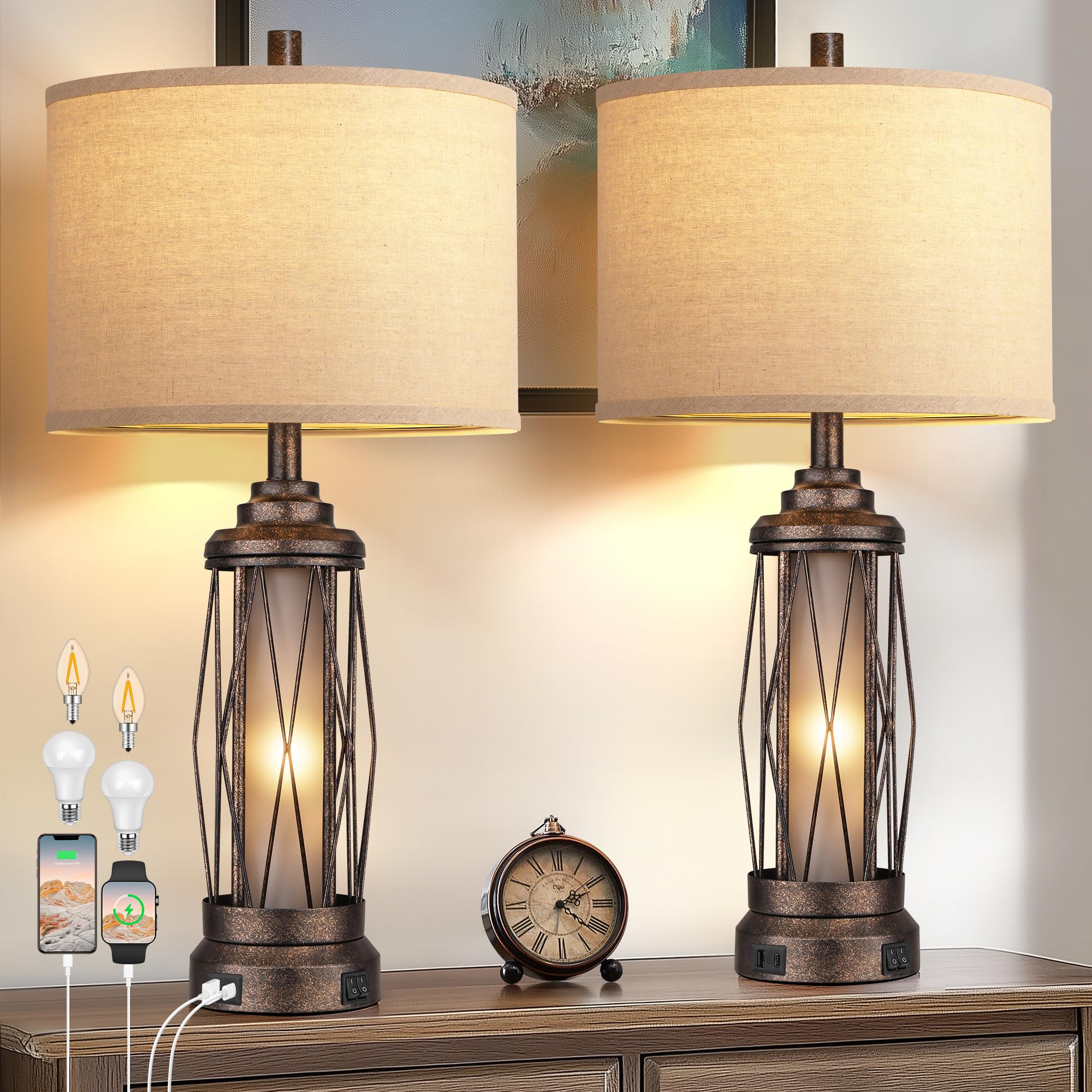Qimh Farmhouse Table Lamps for Living Room, Rustic Nightstand Lamp for Bedroom with USB A+C Charging Ports, Frosted Glass Bedsid
