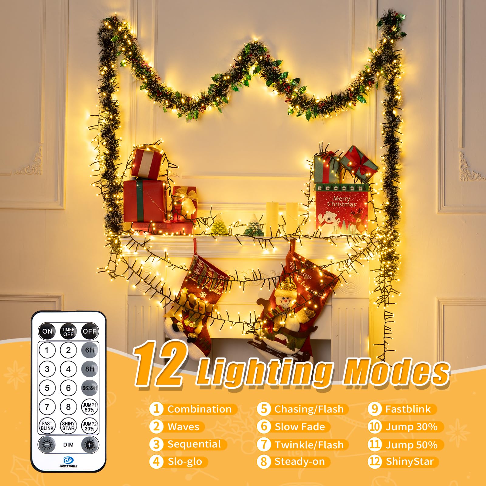 Adamonda 56FT 1000 LED Cluster Christmas Lights, Warm White, Waterproof, Remote, 12 Modes, Model DMO-S-1000