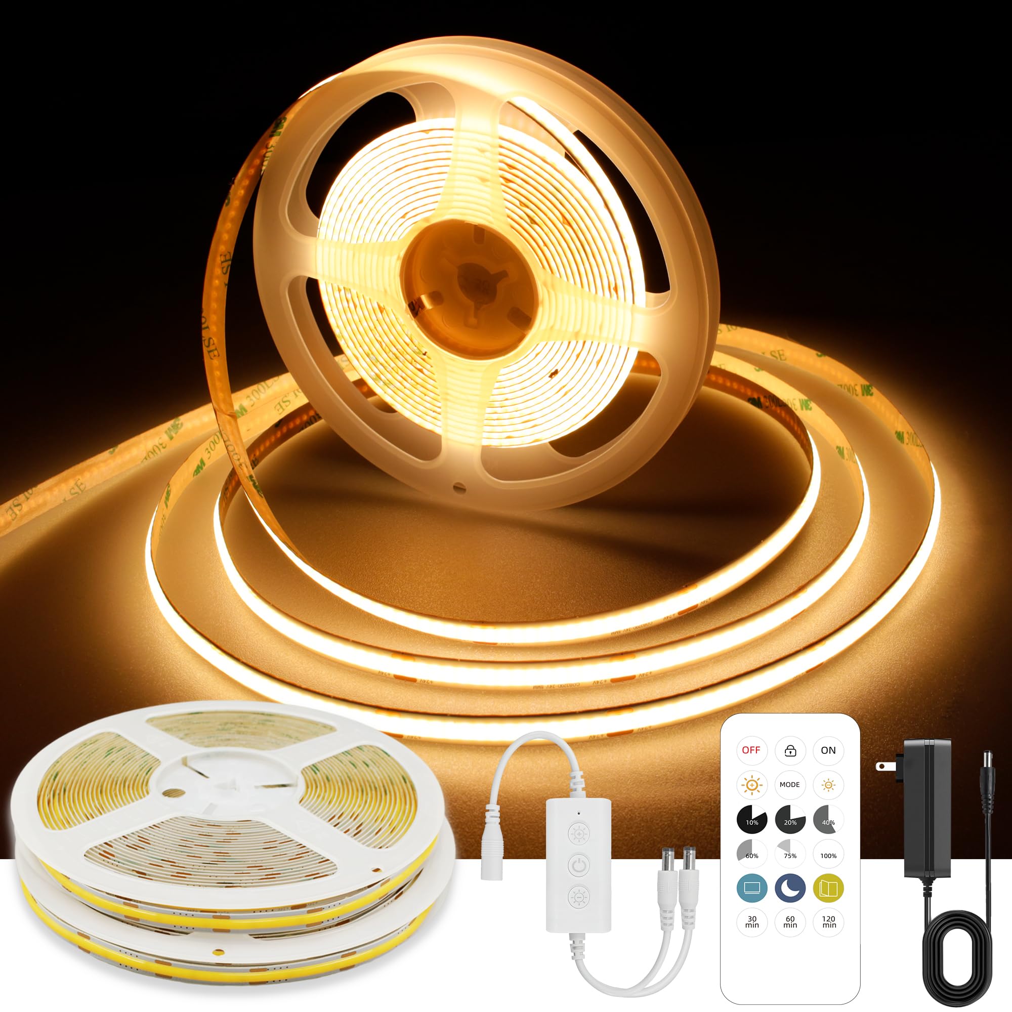 AXMOTUT 65.6ft COB LED Band Light Warm White  High Bright LED Bands with 320LEDs  RF Remote and UL Power Supply  2700K Dimmable LED Lights for Bedroom Kitchen  DIY Home Decoration  2 Rolls of 32.8ft