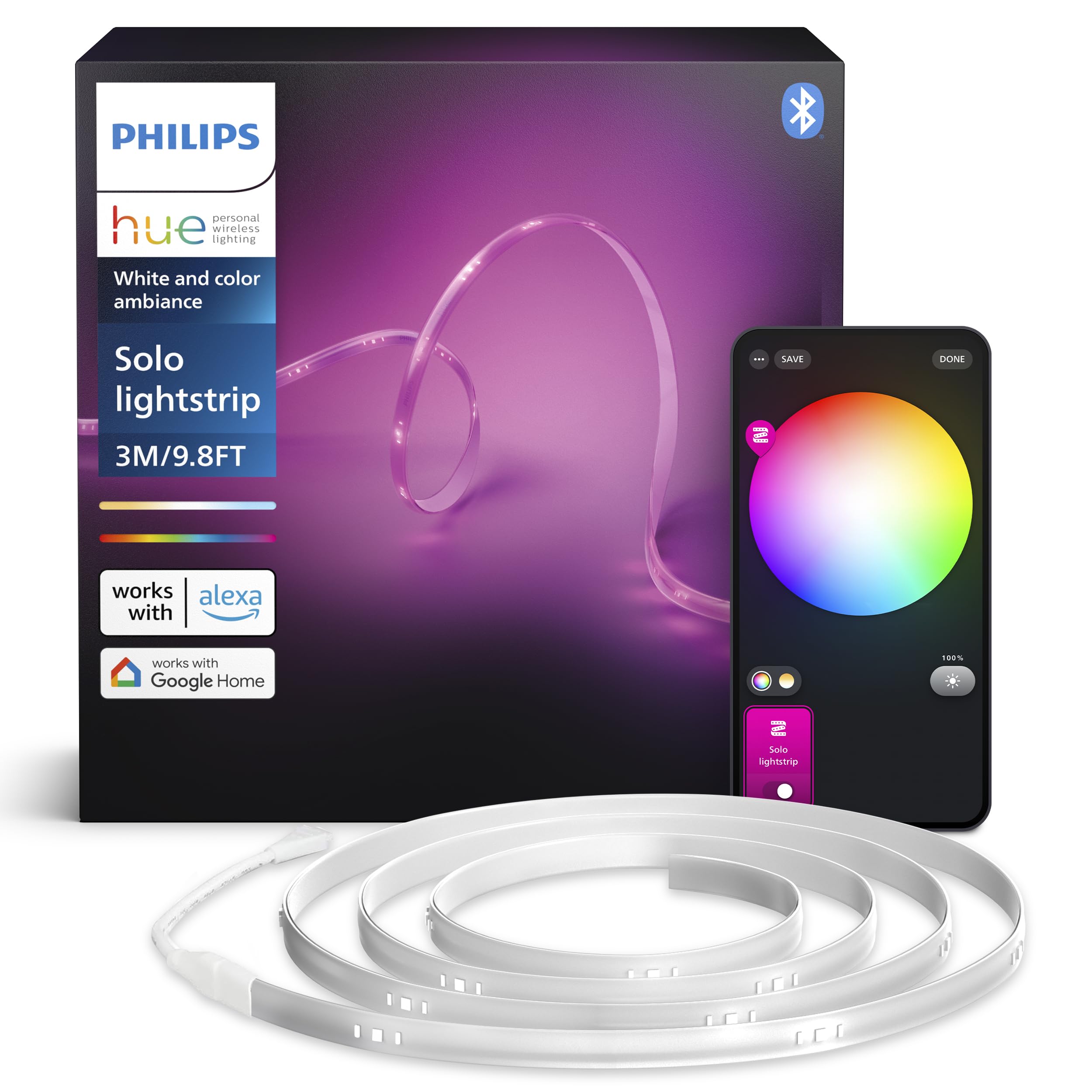 Philips Hue Indoor 10 Ft Smart Led Solo Lightstrip Base Kit Bundle With Bridge - Control With Hue App, Compatible With Alexa, Go