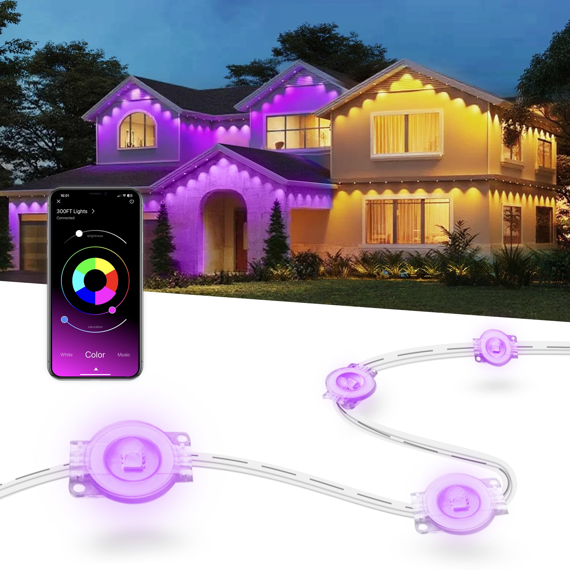 Nexillumi 300ft RGB Outdoor Christmas Lights with APP Control, IP67 Waterproof, Multicolor, Model LX20250312-90M