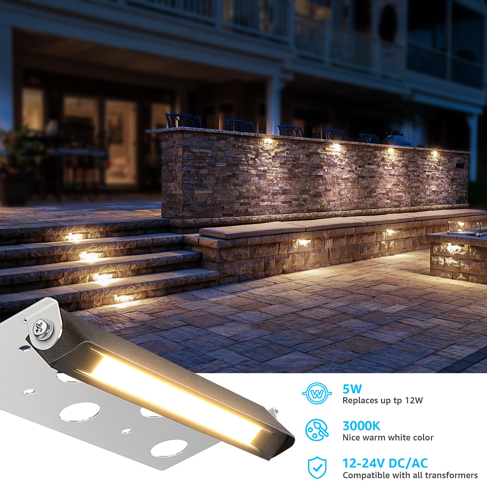 Sunvie 7&quot; Led Retaining Wall Lights, 12-Pack, 3000K Warm White, Waterproof, Low Voltage,