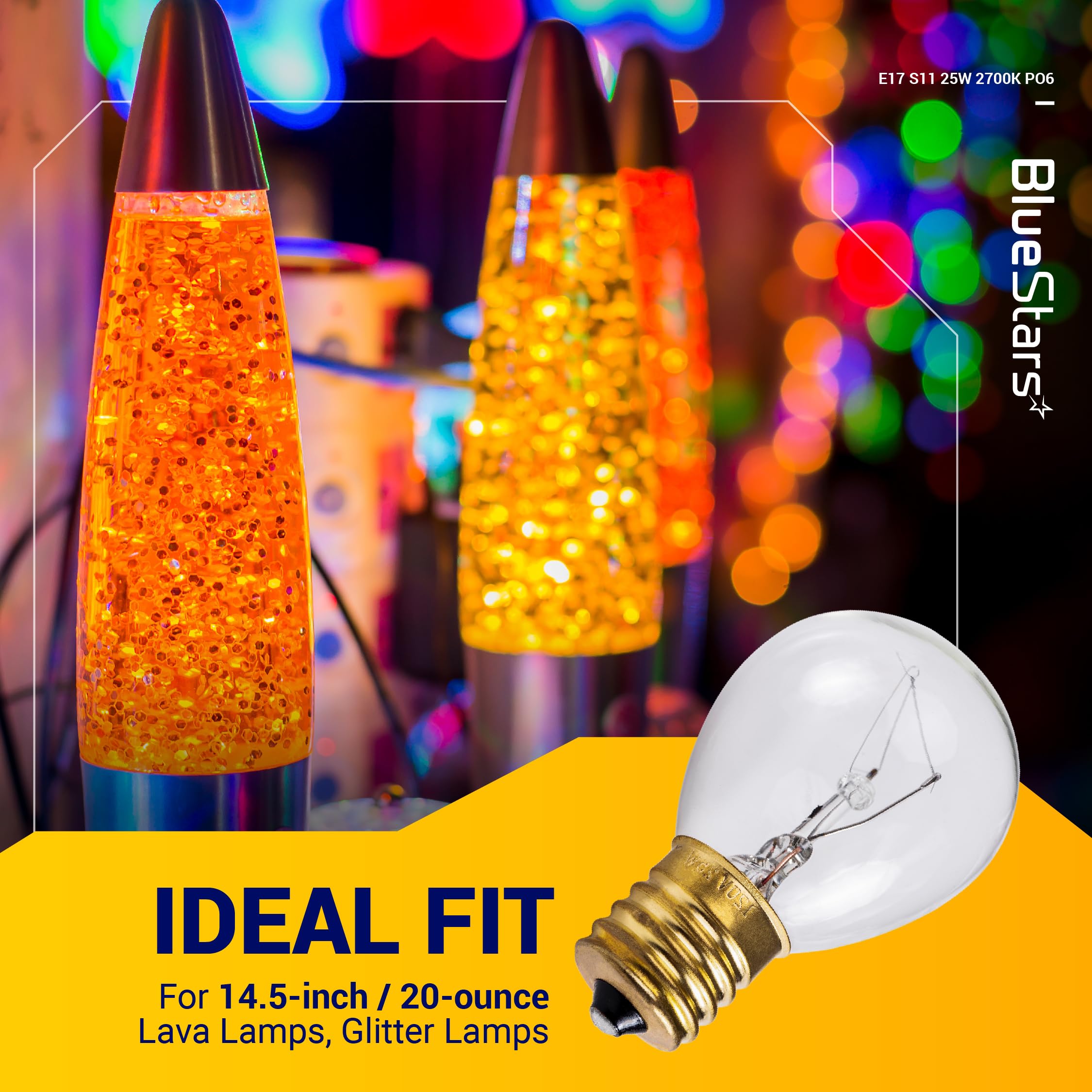BlueStars 25W Lava Lamp Bulbs, S11 E17 Intermediate Base, Warm White, Clear Glass, Compatible with 14.5-Inch/20-Ounce Lava Lamps