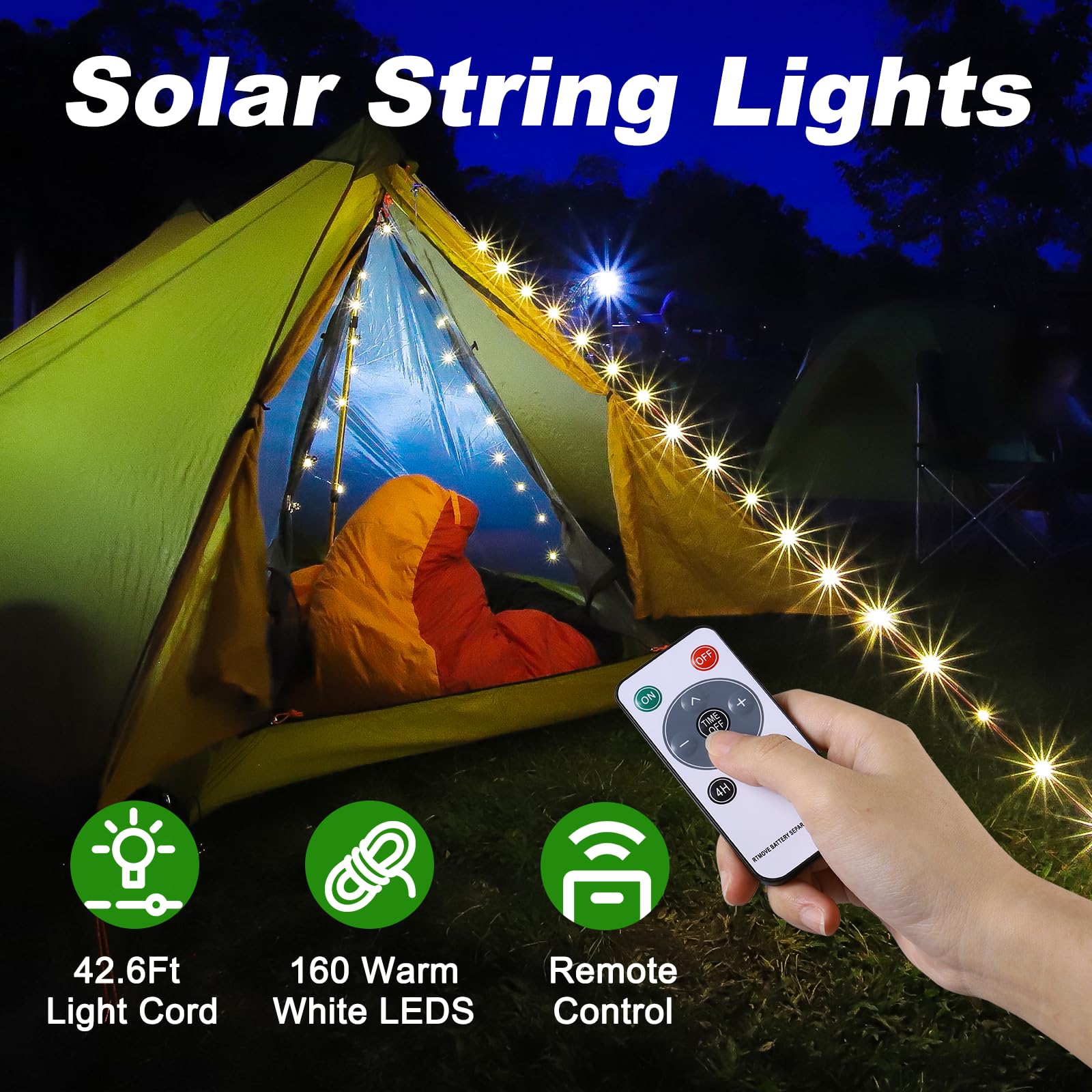 SMY Lighting 4 in 1 Solar Camping String Lights, 42.6Ft Ultra Long String with 160LEDs, Solar Powered and USB Rechargeable Light