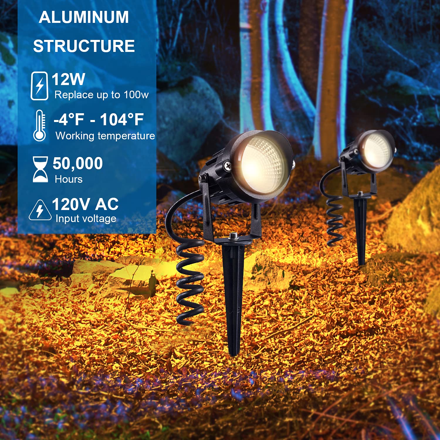 SUNVIE LED Outdoor Spotlight 12W Landscape Lights, Waterproof, Black, with Spiked Stake, 6 Pack