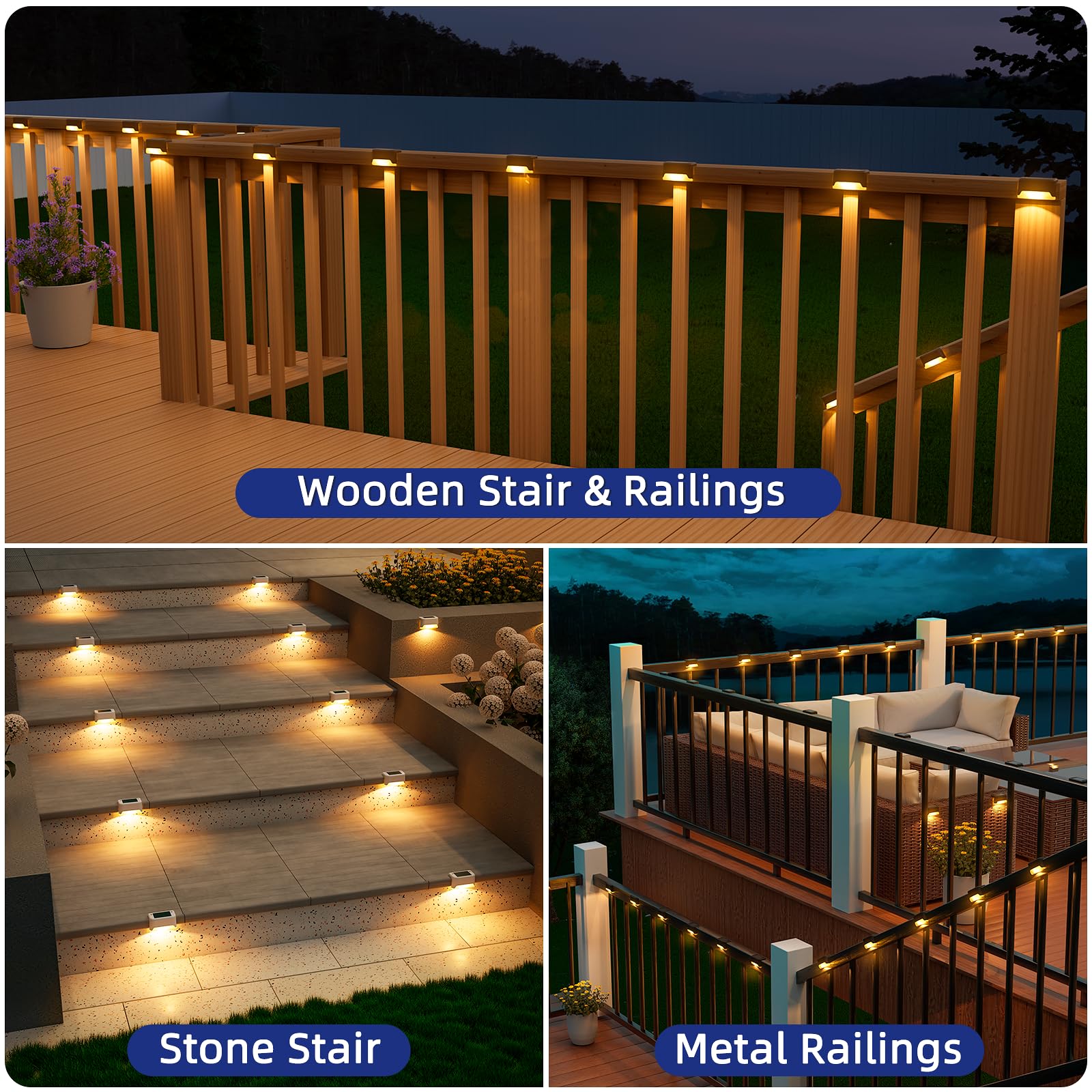 APONUO Solar Deck Lights, 20 Pcs LED Waterproof Fence Lamp, Warm White, Model 18343BDR-W-20PK, Ideal for Patio, Garden, and Steps