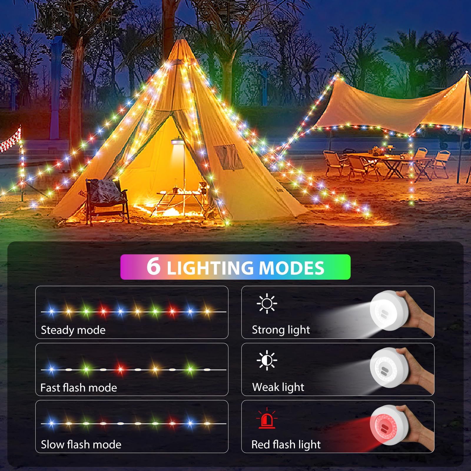 UGDLUCK Camping String Lights, 32.8FT Rechargeable Tent Lamp, 6 Modes, Waterproof, Multicolor, Model CD013