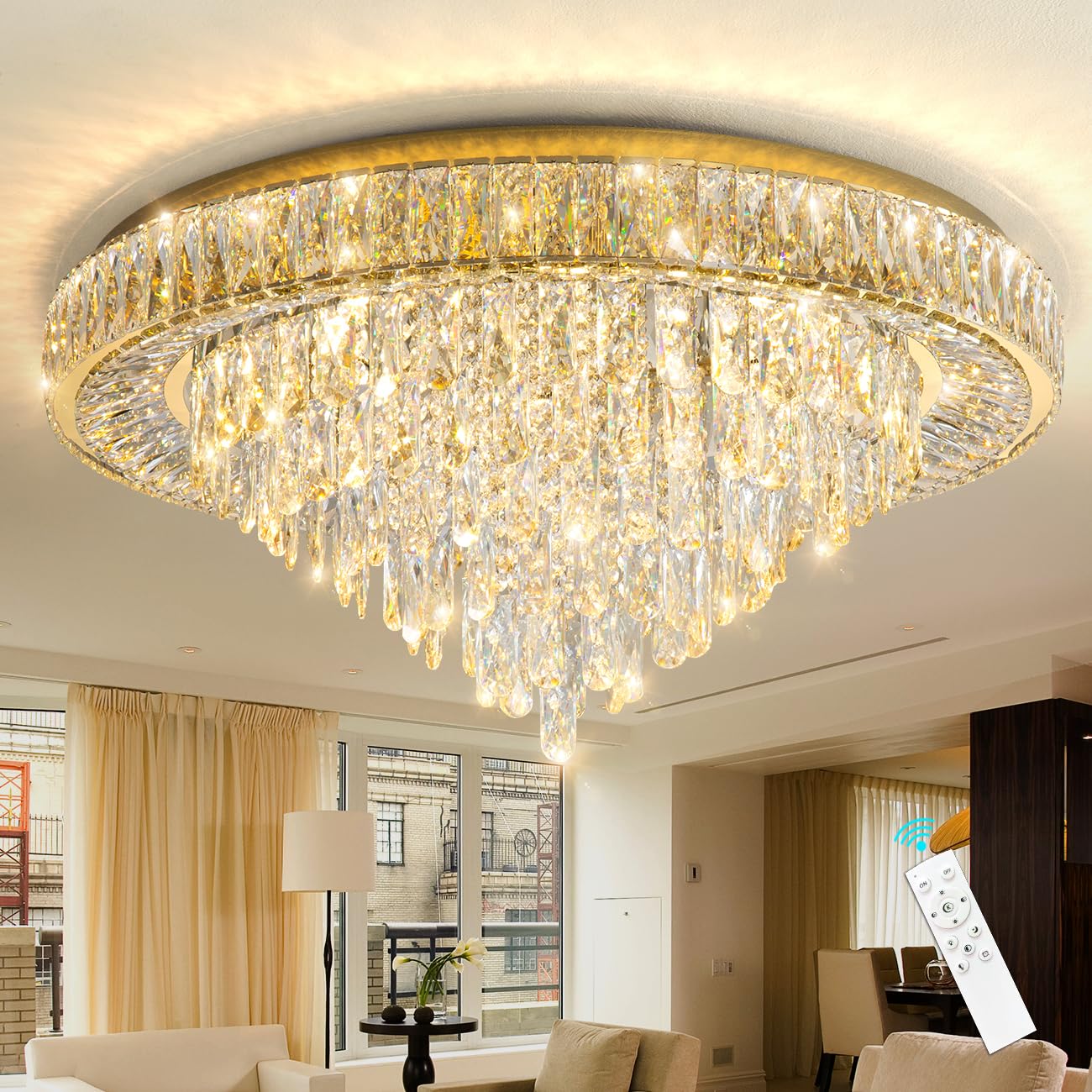 dolria Modern Crystal Chandeliers for Living Room Ceiling Light Fixture LED Dimmable Lamp with Remote Pendant Lighting Flush Mou