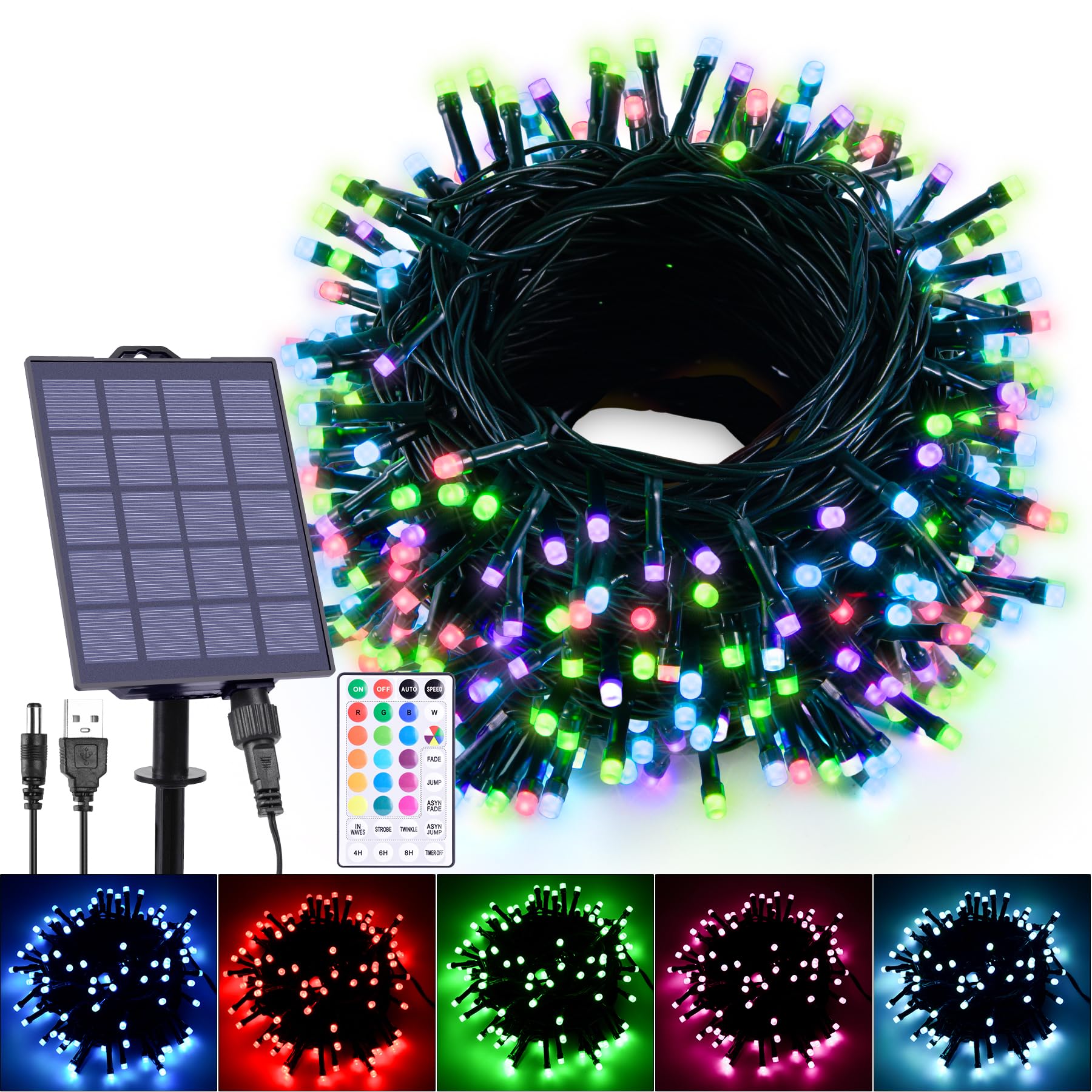 Hozplex 59Ft Solar String Lights Outdoor Waterproof  18 Colors Changing 150 LED Christmas Lights Solar Powered & USB with Remote  Multicolor Fairy Lighting for Outside Tree Yard Indoor Halloween Decor
