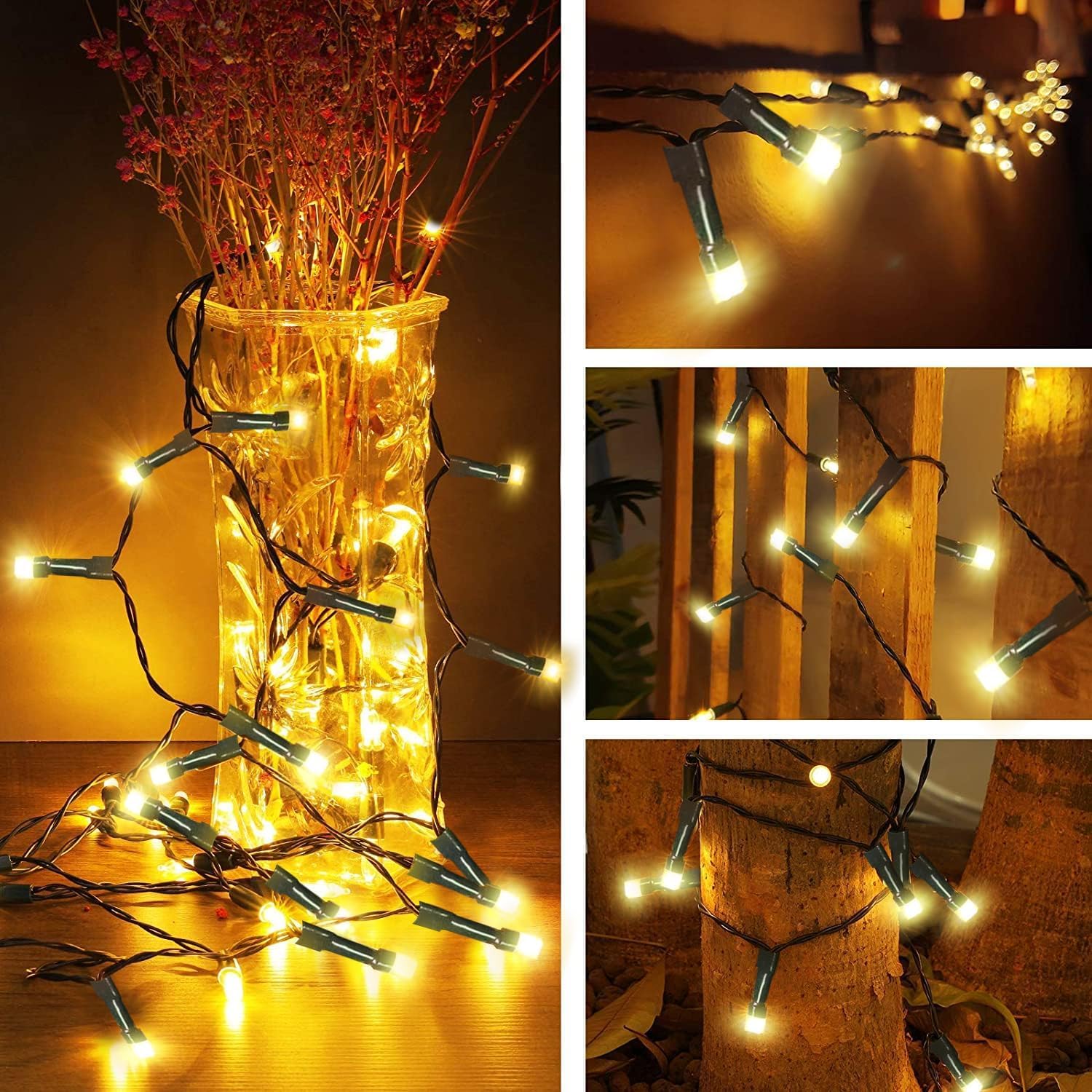 Kouqiya Battery Operated Christmas Lights, 16.5 Ft 50 Led String Lights Dark Green Wire With Remote Timer 8 Modes Fairy Lights For Christmas Tree Decor (Warm White, 50 Led-4 Pack)