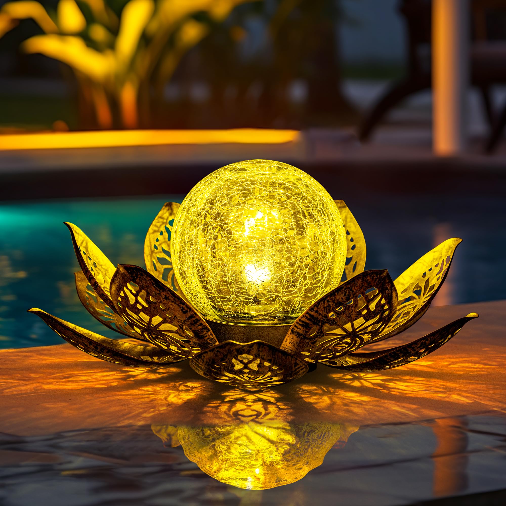 GIGALUMI Solar Garden Lights, Adjustable Metal Petal Lotus,  le Globe Glass, Waterproof, Gold, Model 8442