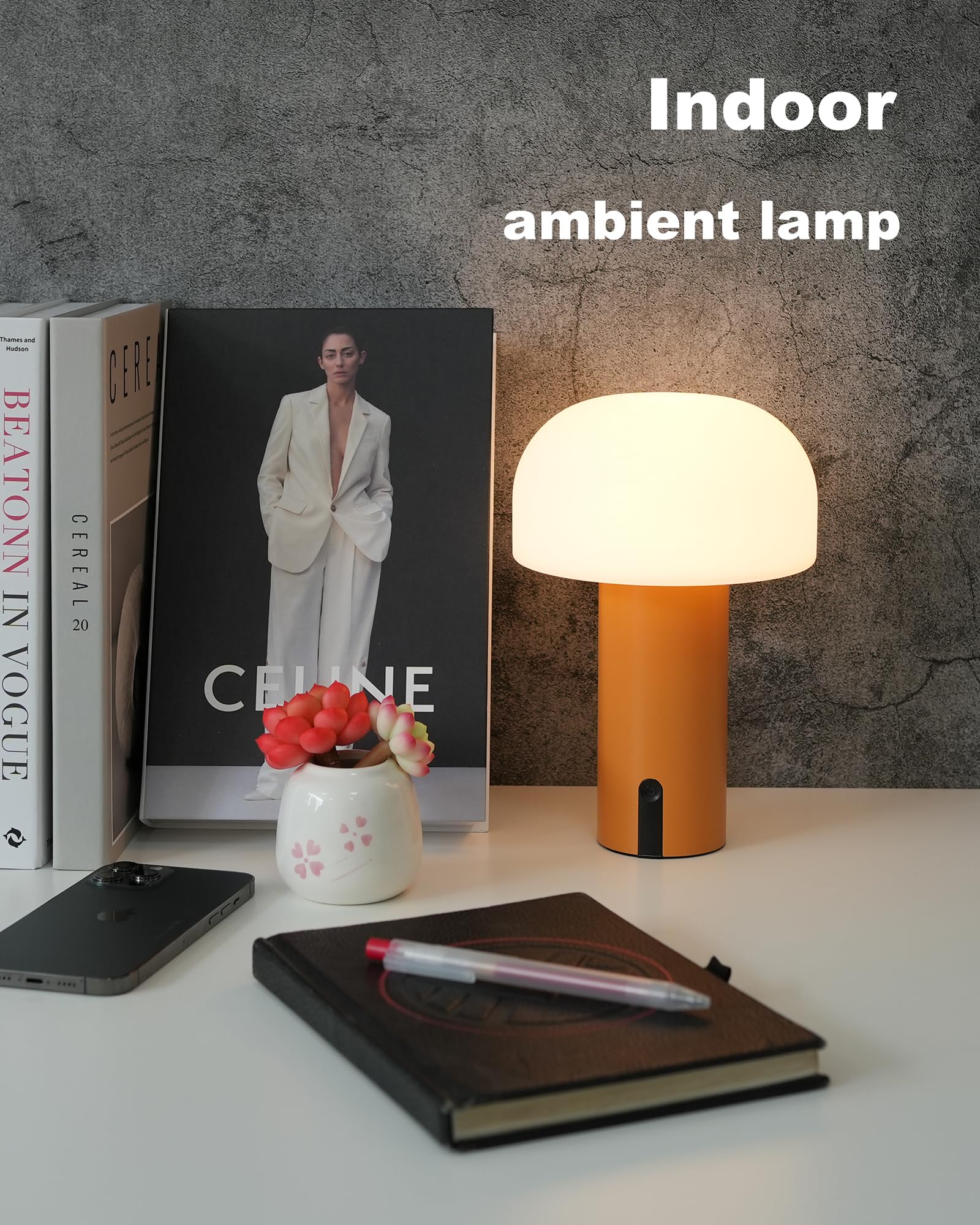 WEILAILUX Cordless Mushroom Table Lamp, Waterproof, Rechargeable, Touch Dimmable, Orange, Model WL-3760