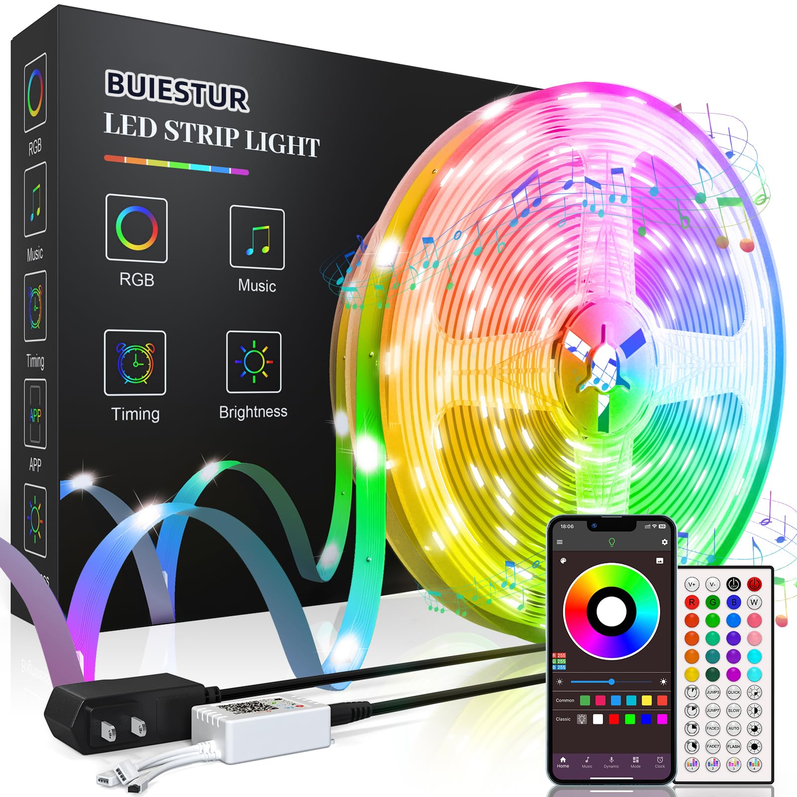 BUIESTUR LED Light Strip for Bedroom 150 FT (3 Rolls 50 FT), Music synching, Smart RGB Color-Changing Light Strip with Remote an