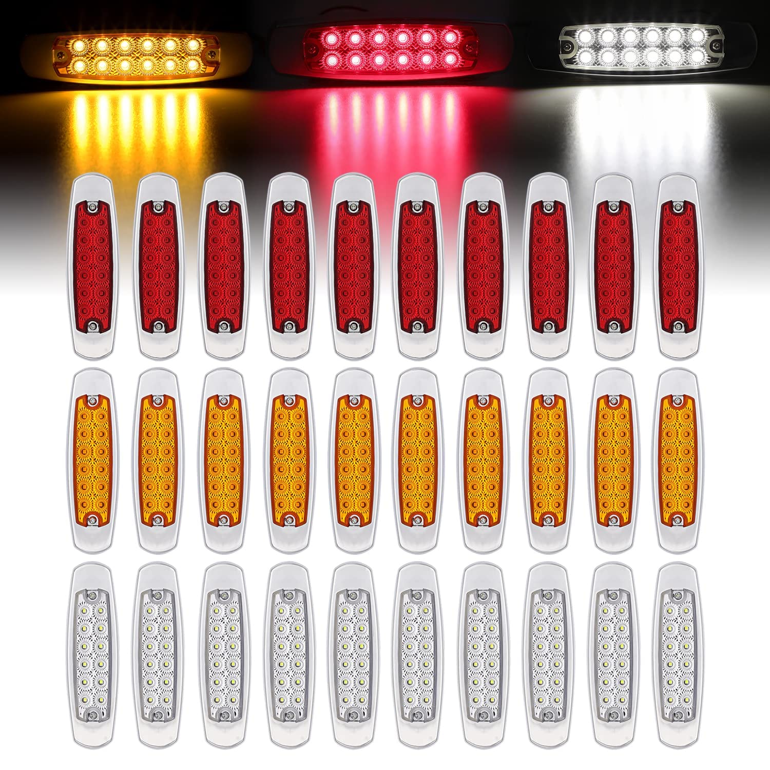 Ledvillage 30 Pcs 12V Dc 6.4 Inch 10 Amber 10 Red 10 White 12 Led Side Marker Lights Trailer Truck Suv Chrome Bezel