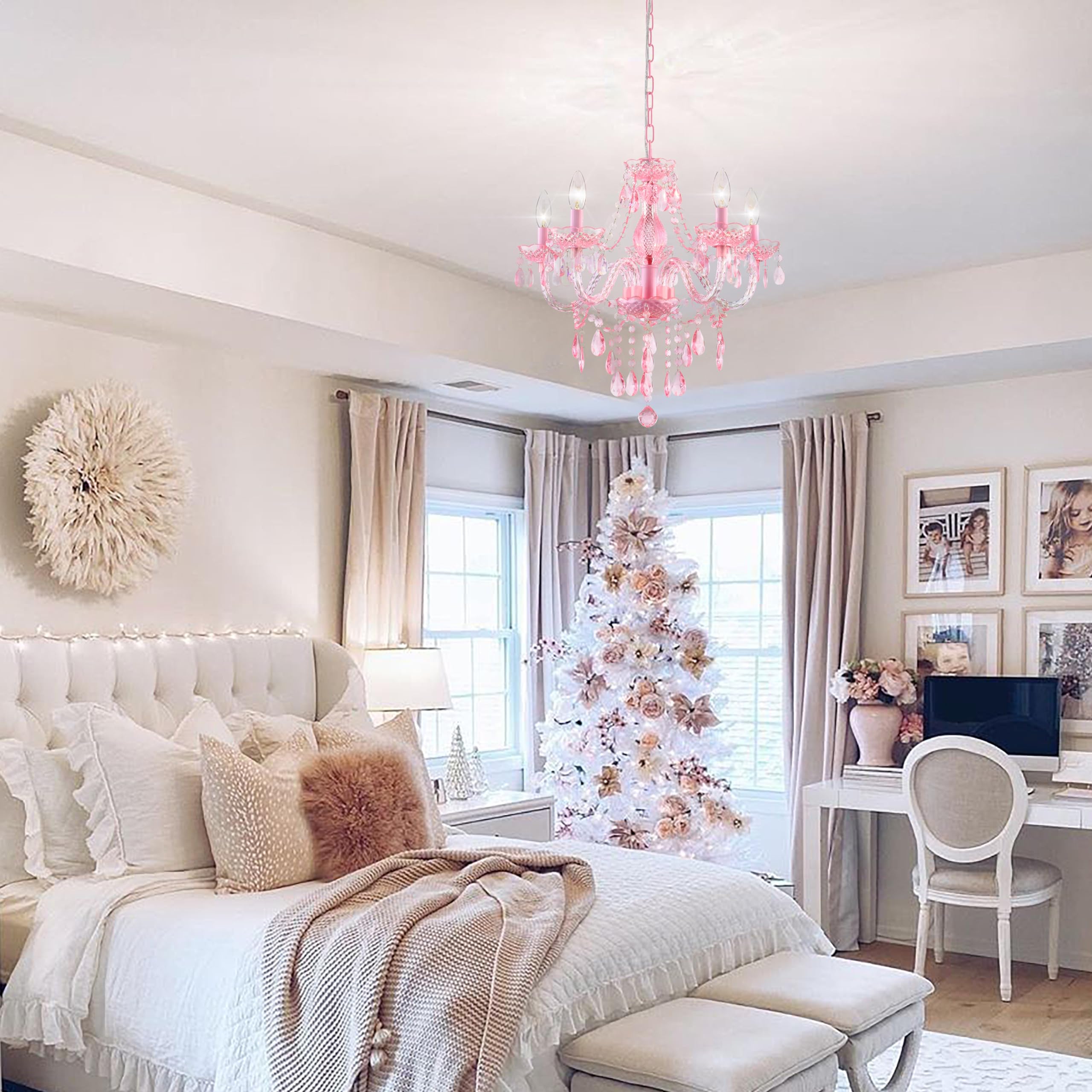 PAPAYA Pink Crystal Chandelier Pendant Light with 5 Lights, Clear Cord & Switch, H19" D19.7" for Kitchen, Dining, Girls' Room