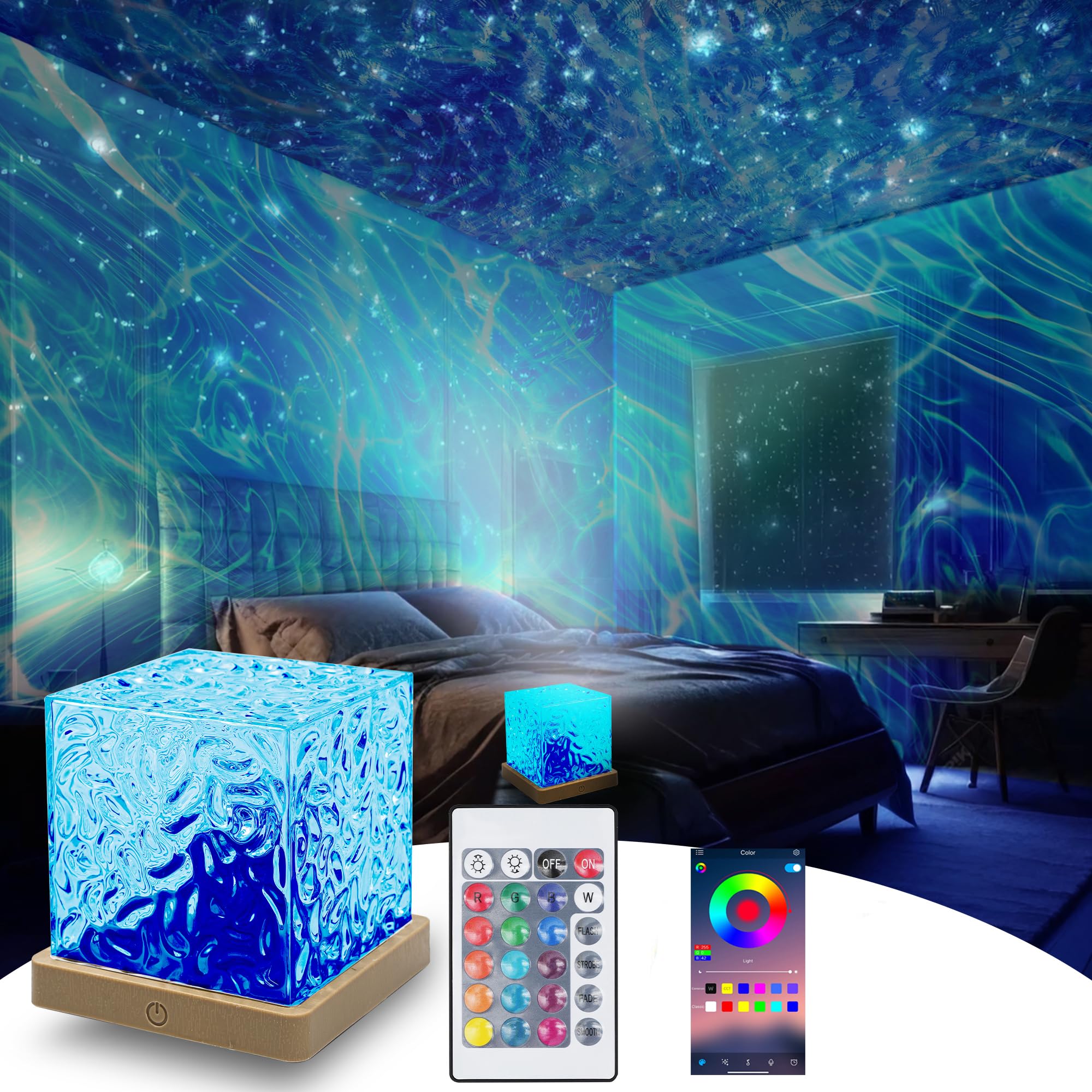 DOLIIUY Northern Light Lamp, Wave Ocean Water Projector Lights, 16 Colors Gradual Rotating Flame Water Lamp, with APP & Remote C