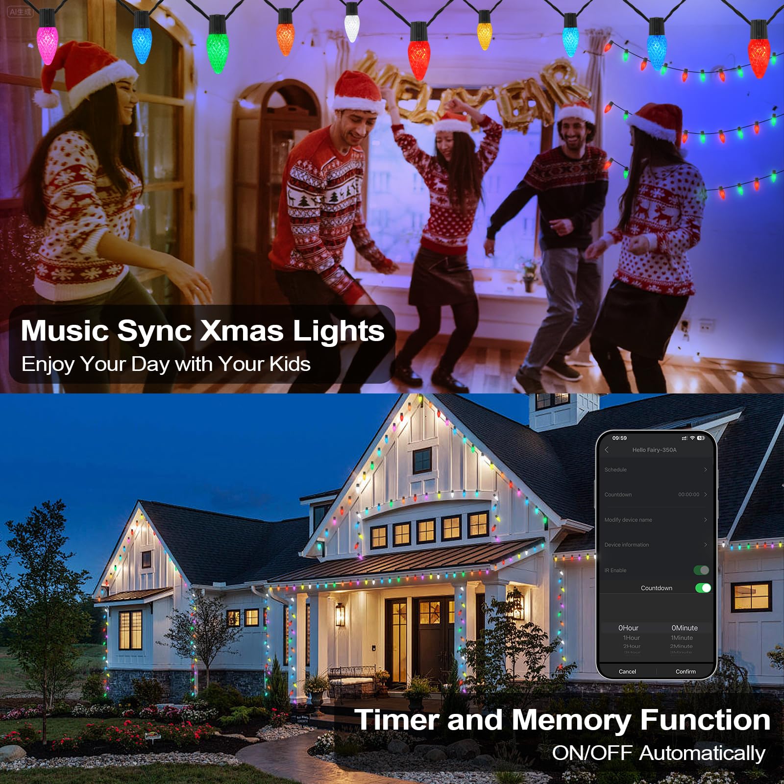 Gemce Smart C9 RGB String Lights, 33FT 50 LEDs, APP/Remote Control, DIY Modes, Music Sync, Holiday Decoration