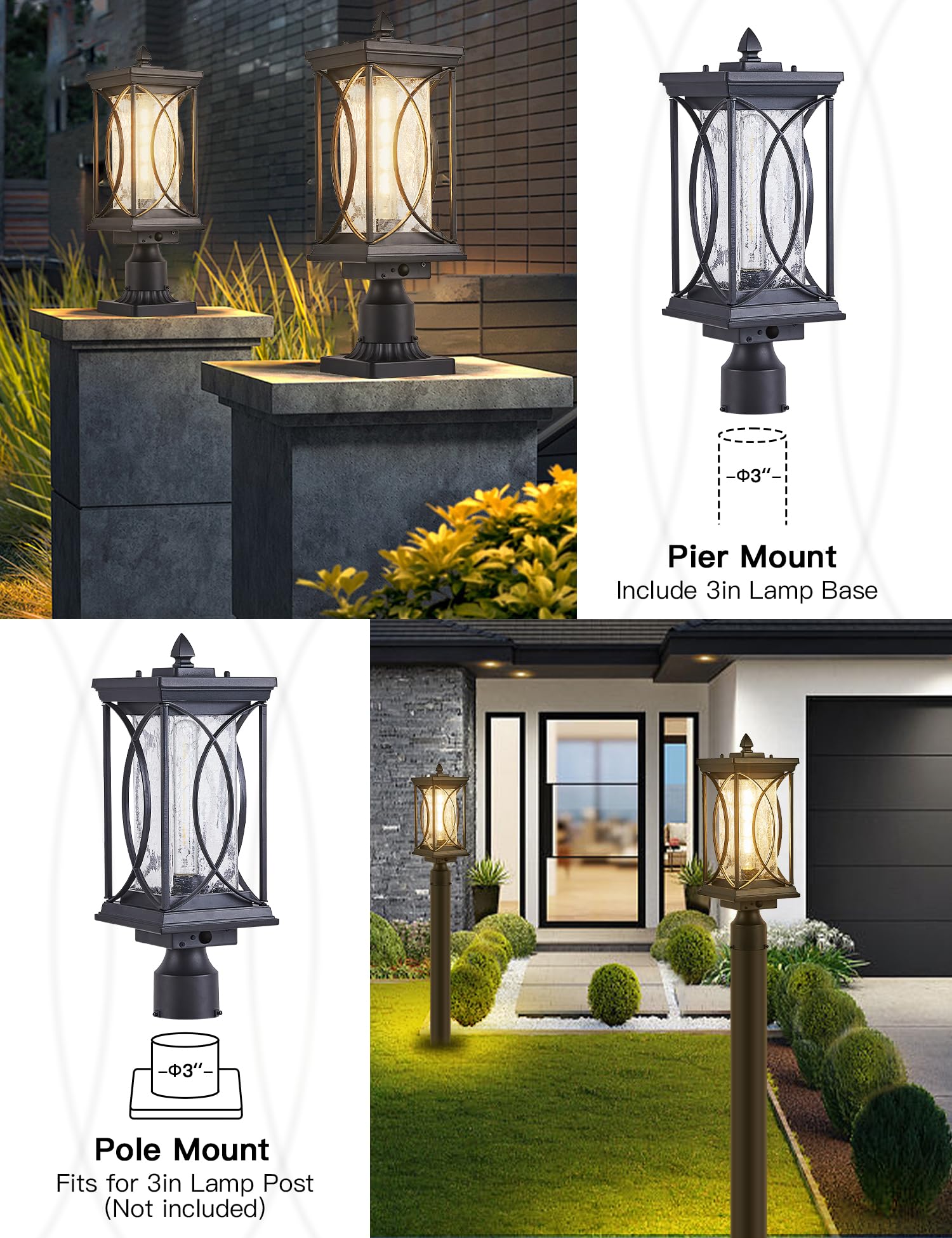 Delicavy Motion Outdoor Post Lantern - Dusk to Dawn Pillar Lamp with 3 Inch Pier Mount Adapter, Black, Large, Aluminum,  le Glass