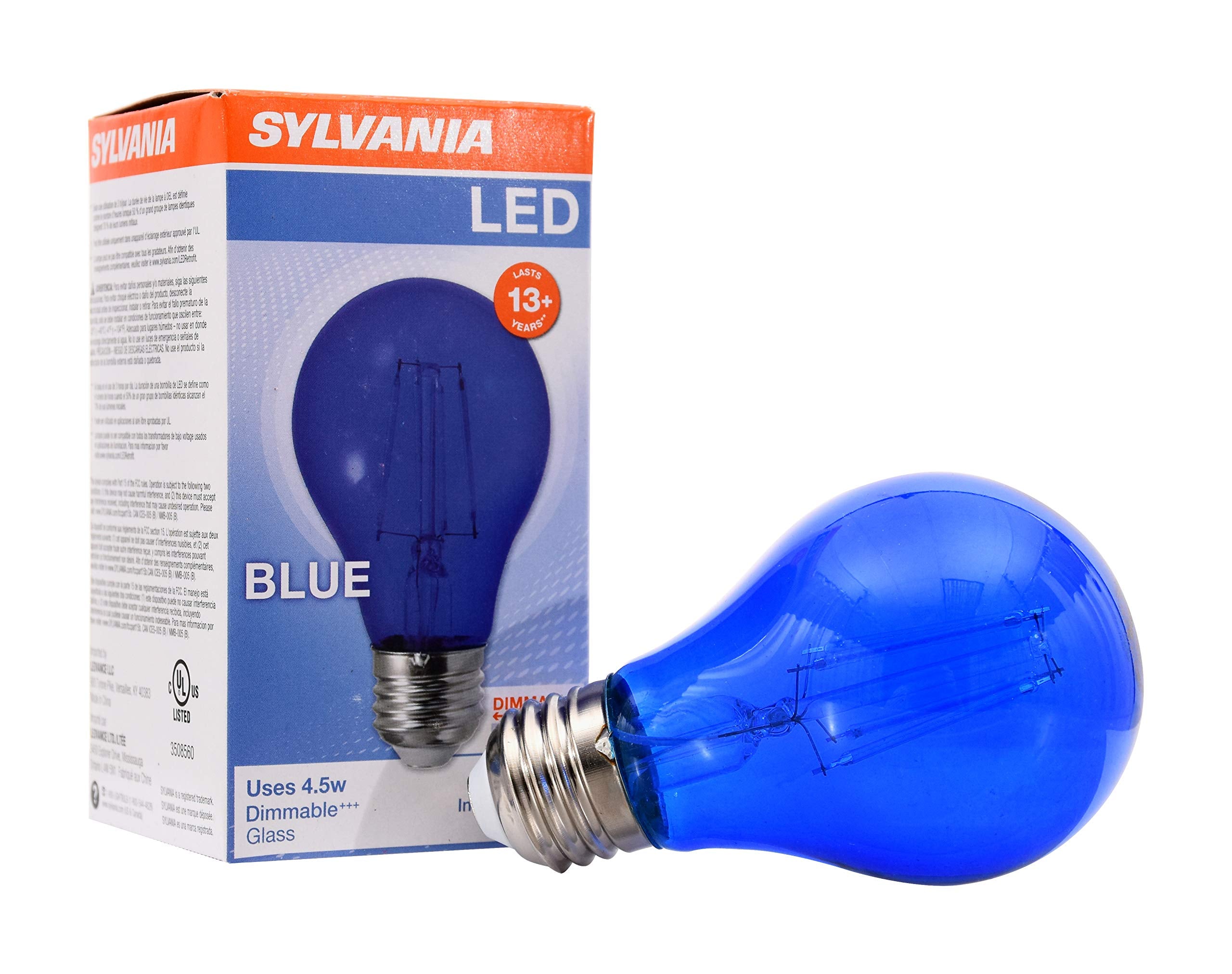 Sylvania Led Blue Glass Filament A19 Light Bulb, Efficient 4.5W, 40W Equivalent, Dimmable, E26 Medium Base - 1 Pack (40304)