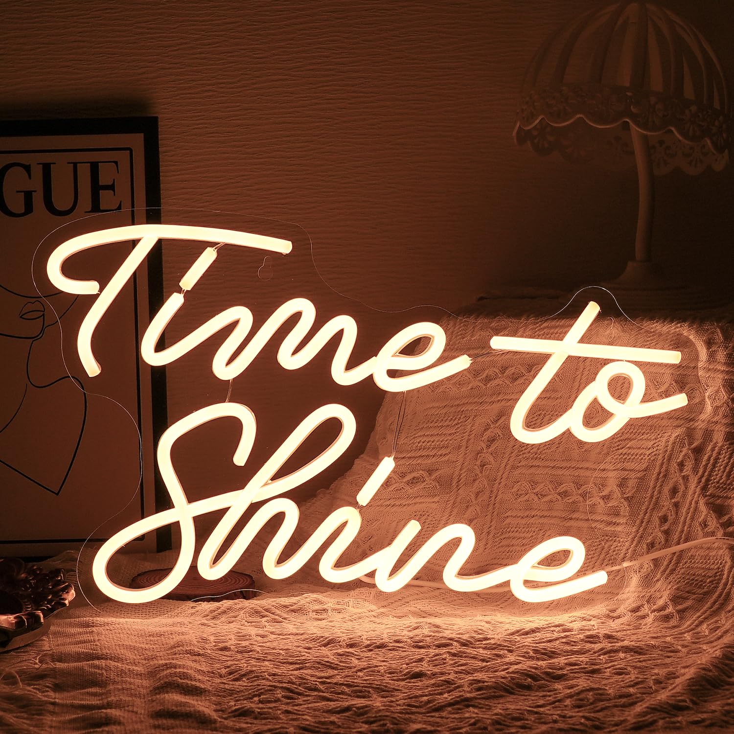 LISIGNVE Time To Shine Neon Sign Warm White LED Wall Decor 16.5inx10.2in USB Powered Dimmable Silicone