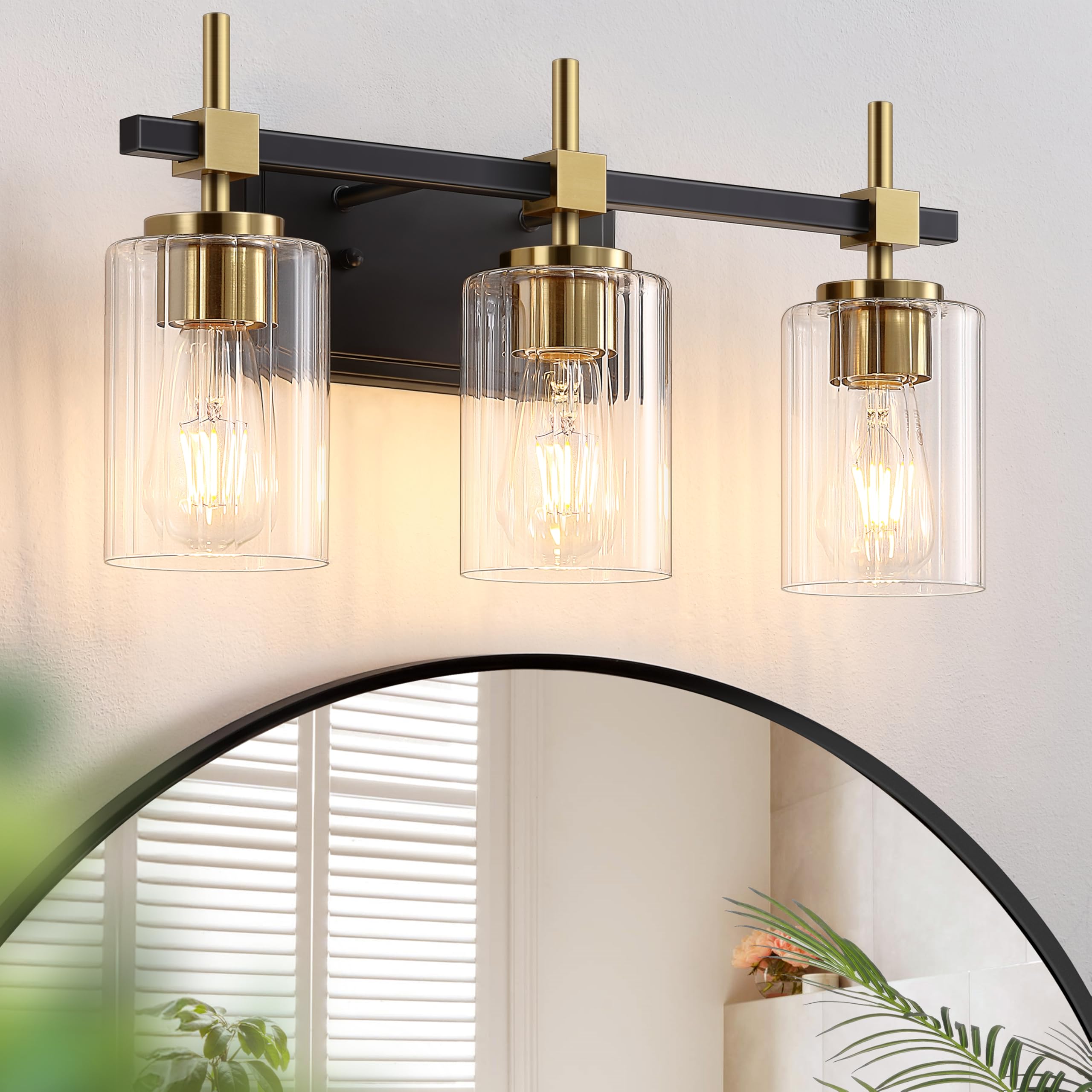 Asnxcju 3-Light Vanity Light Fixtures, Black and Gold, Textured Glass Shade, Model TGSWS-BG-3-LIGHT
